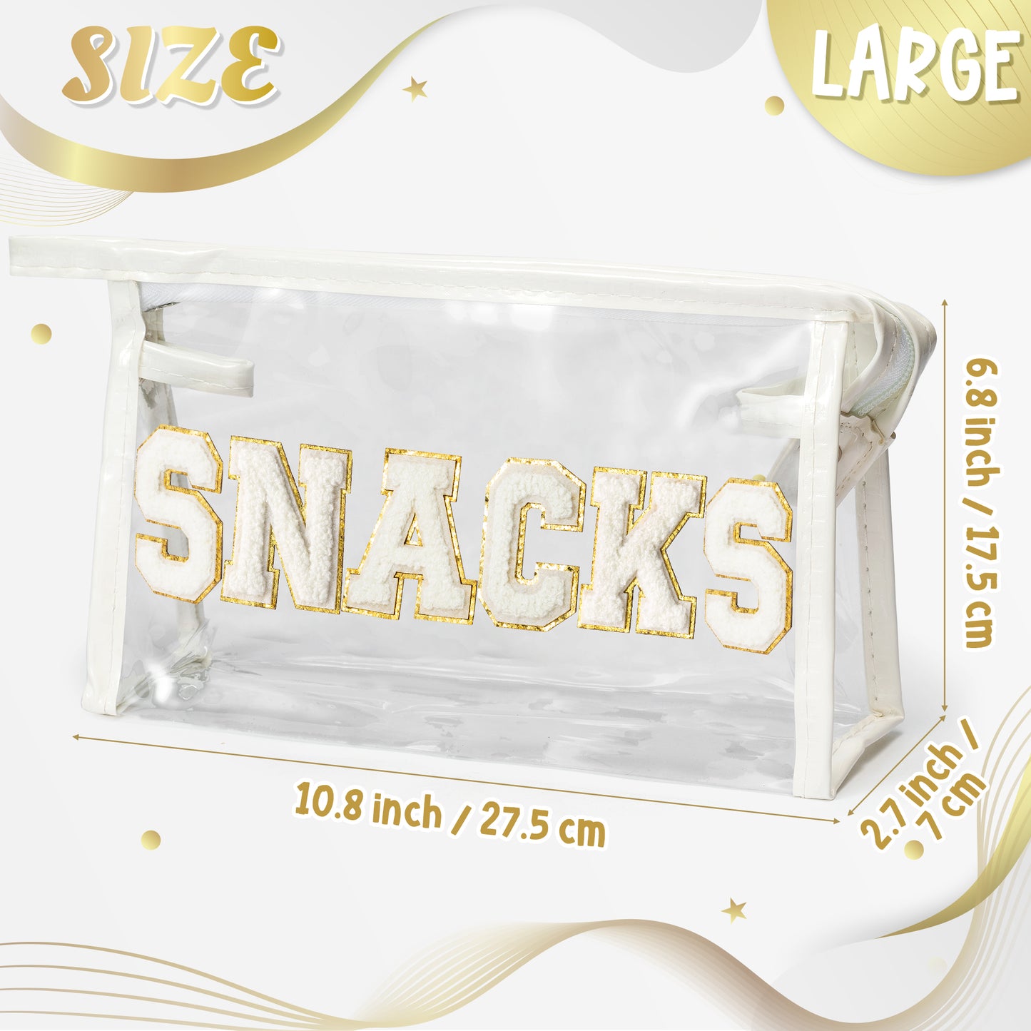 Y1tvei SNACKS Clear Makeup Bag - Preppy Patch White Chenille Varsity Letter Transparent PVC Large Cosmetic Pouch Portable Waterproof Travel Organizer Toiletry Compliant Carry Bag for Women Girl(White)