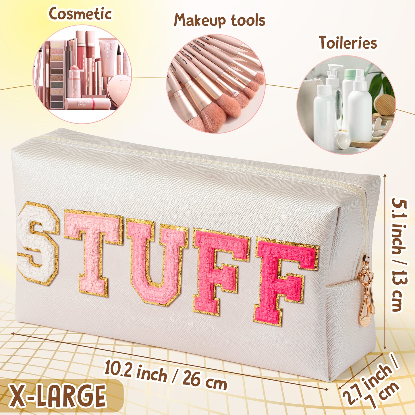 Y1tvei STUFF Makeup Bag Large - Preppy Patch Extra Large Stuff Varsity Letter Makeup Bag Sewn with Red Letter PU Leather Waterproof Cosmetic Pouch Toiletry Zipper Organizer Gifts for Women(Shell Gold)