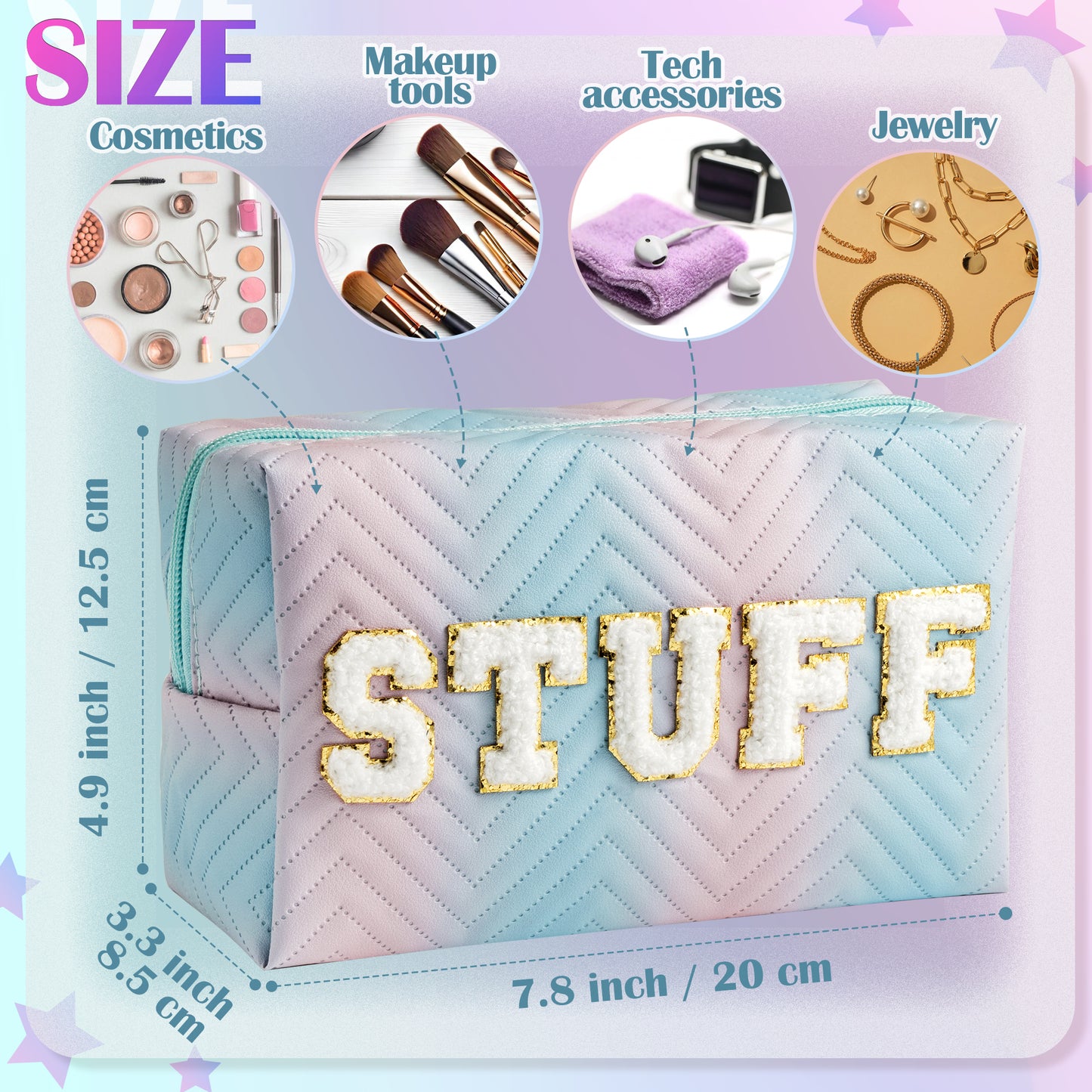 Y1tvei STUFF Gradient Makeup Bag - Preppy STUFF Chenille Letter Pouch Cute Patch Blue Pink Gradient Makeup Bag Colorful Leather Waterproof Cosmetic Pouch Toiletry Zipper Organizer Gifts for Women