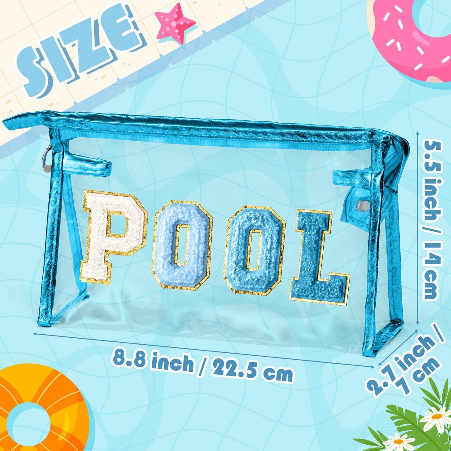 Y1tvei Clear POOL Makeup Bag - Preppy Blue POOL Chenille Varsity Letter Sunscreen Cosmetic Pouch PVC Transparent Zipper Waterproof Beach Pool Summer Travel Toiletry Organizer for Swimmer Women(Blue)