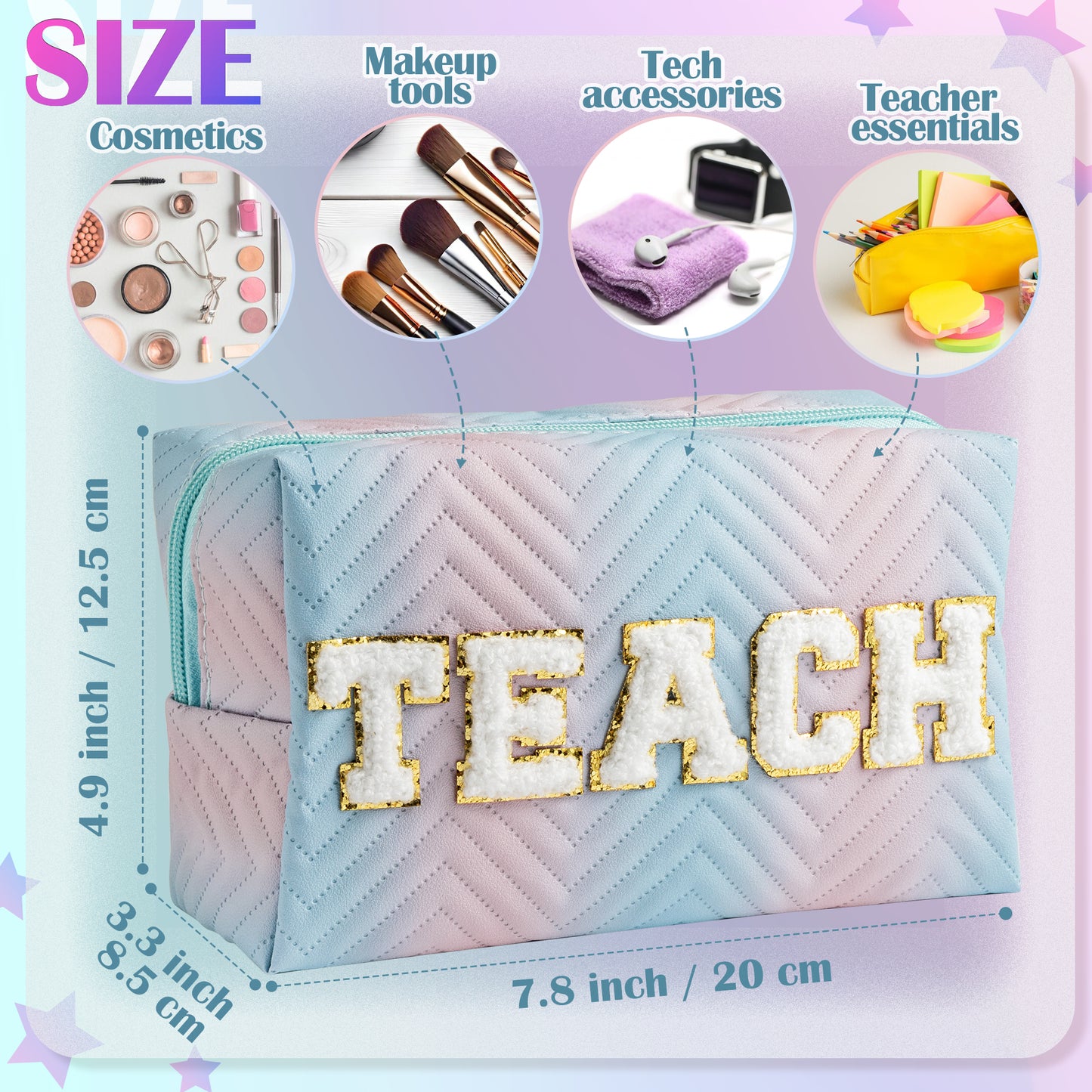 Y1tvei TEACH Gradient Makeup Bag - Preppy TEACH Chenille Letter Patch Blue Pink Gradient Makeup Bag Colorful Leather Waterproof Cosmetic Pouch Toiletry Bag Teacher Appreciation Gifts for Women Teacher