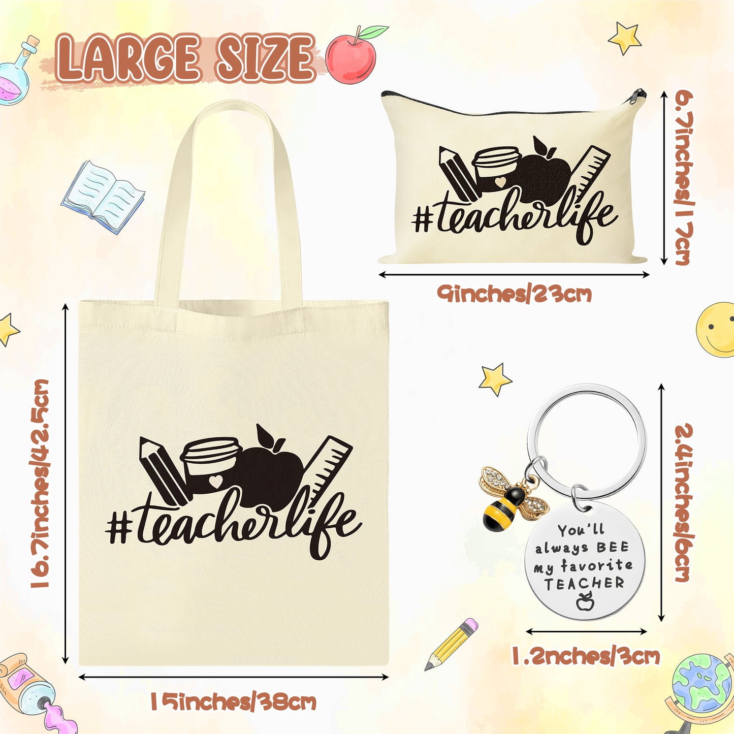 Y1tvei Teacher Appreciation Tote Bag - 3Pcs Teacher Life Canvas Tote Bag Set with Bee Keychain Apple Pencil Love Inspire Makeup Bag Grocery Shopping Bag Appreciation Week Back to School Gift for Women