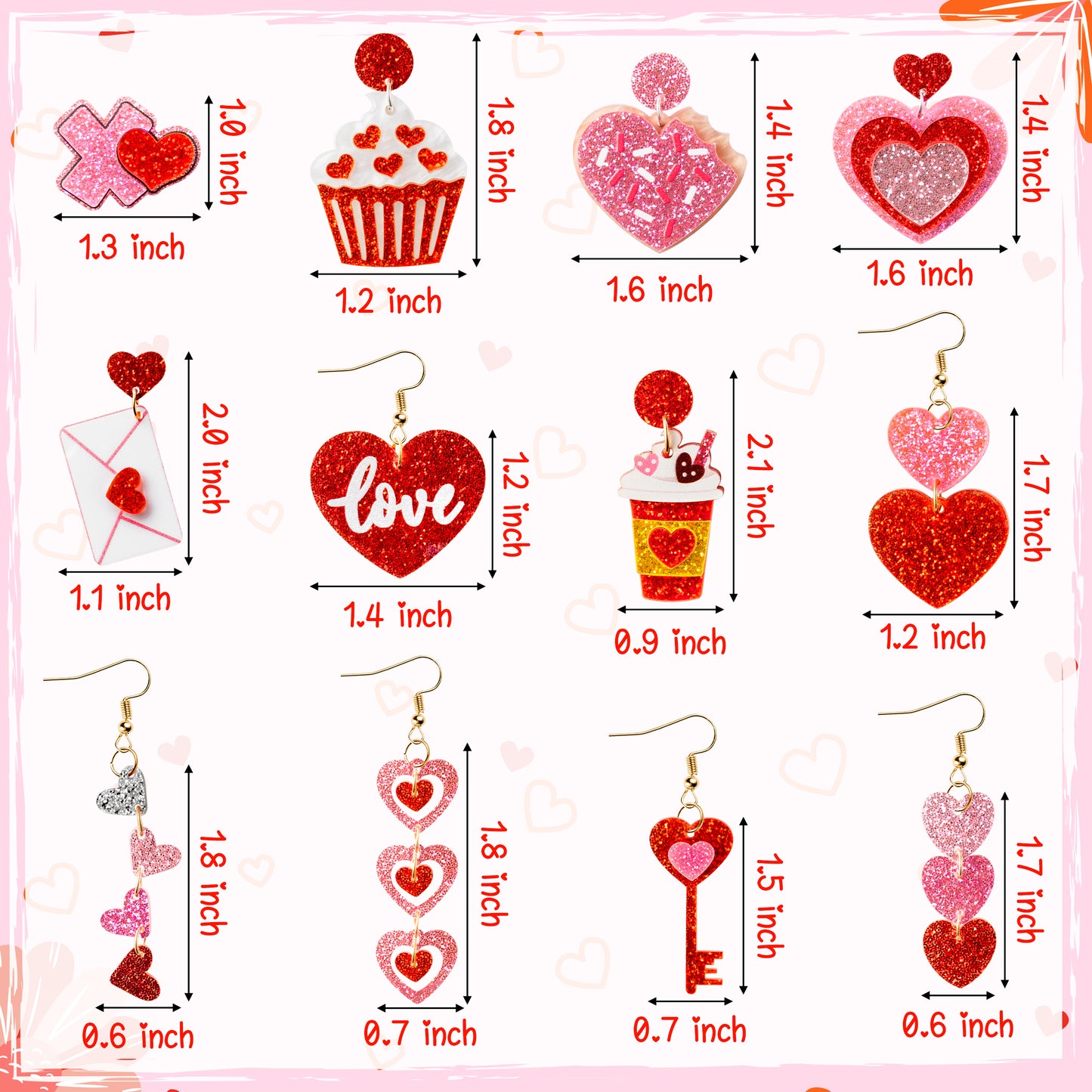 Y1tvei Valentine's Day Glitter Earrings - 12Pairs Valentine's Day Pink Red Heart Earring Sparkly Glitter Love Drop Dangle Acrylic Earring Lightweight Cute Ear Decoration Holiday Jewelry Gift for Women