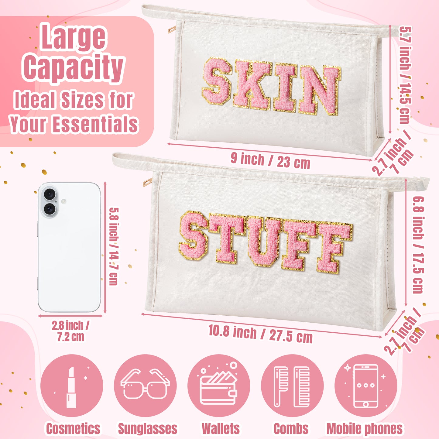 Y1tvei SKIN STUFF Makeup Bag - Pink Preppy Skin Stuff Chenille Letter Pouch for Travel, Large Waterproof Portable PU Leather Cosmetic Toiletry Bags, Zipper Flat Pouch Travel Organizer for Women(White)