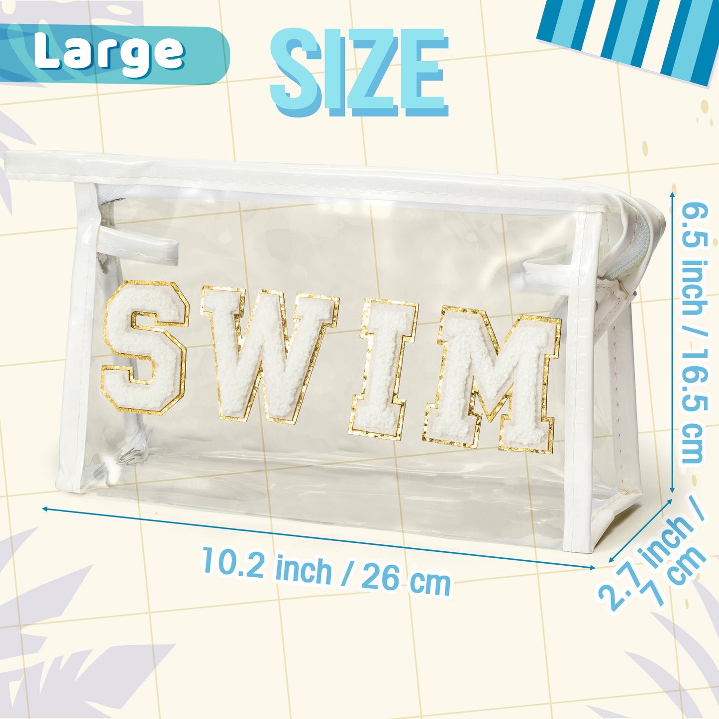 Y1tvei Clear SWIM Makeup Bag - Preppy White SWIM Chenille Varsity Letter Patch Cosmetic Bag Large PVC Transparent Waterproof Sunscreen Beach Pool Summer Travel Makeup Toiletry Pouch for Swimmer(White)