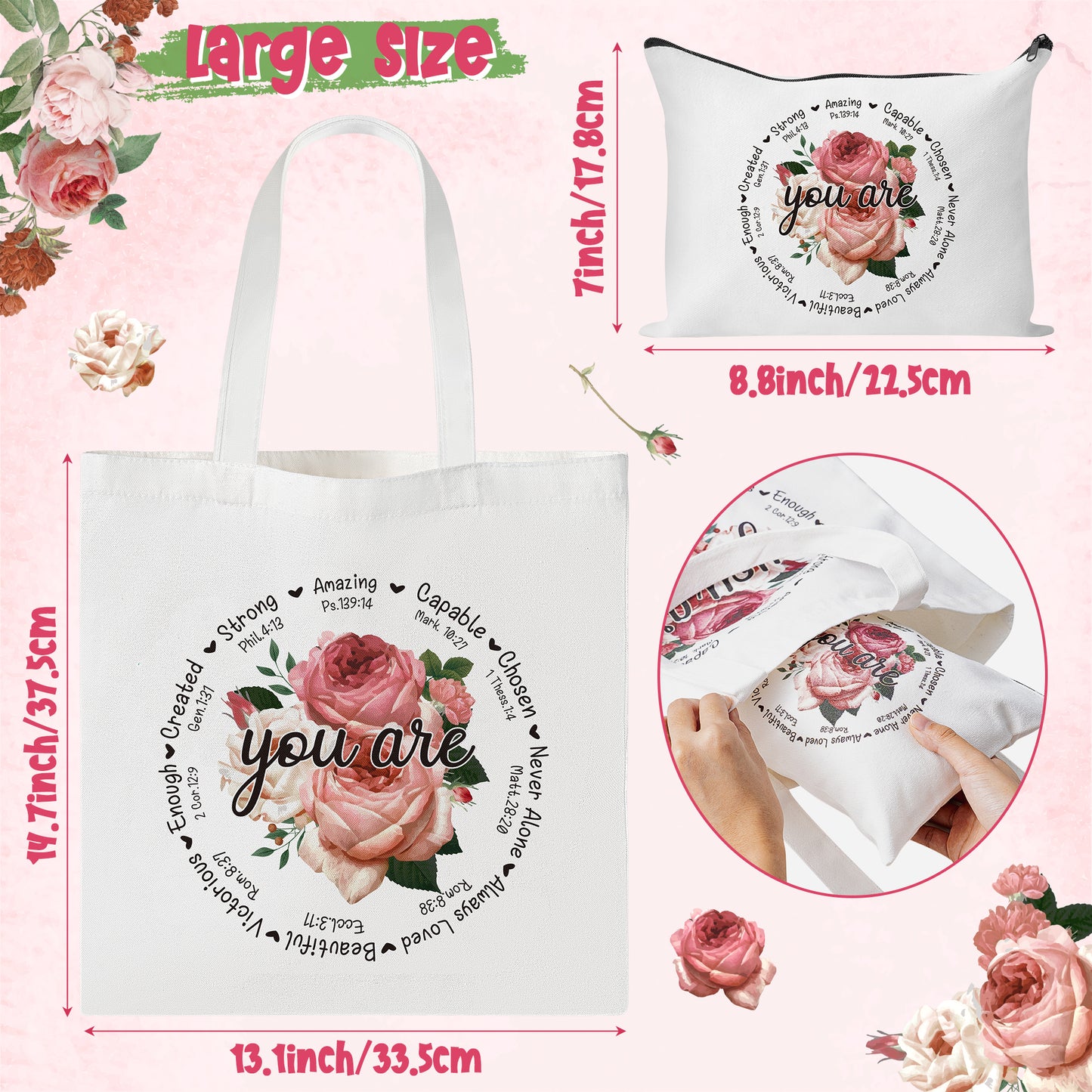 Y1tvei Christian Gifts for Women - 2Pcs Aesthetic Flower You are Beautiful Tote Makeup Bag Set, Christian Religious Bible Verse Canvas Reusable Tote Bag, Christian Encouragement Gifts for Women Faith