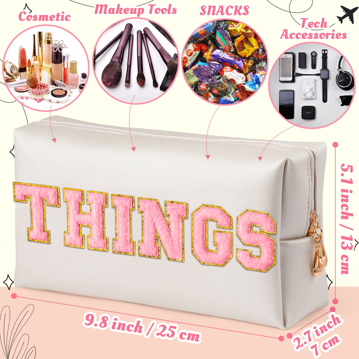 Y1tvei Large THINGS Cosmetic Bag - Preppy Pink Things Chenille Varsity Letter Makeup Bag, Leather Waterproof Toiletry Bag Zipper Pouch for Purse Travel Cosmetic Organizer Gift for Women(Shell Gold)