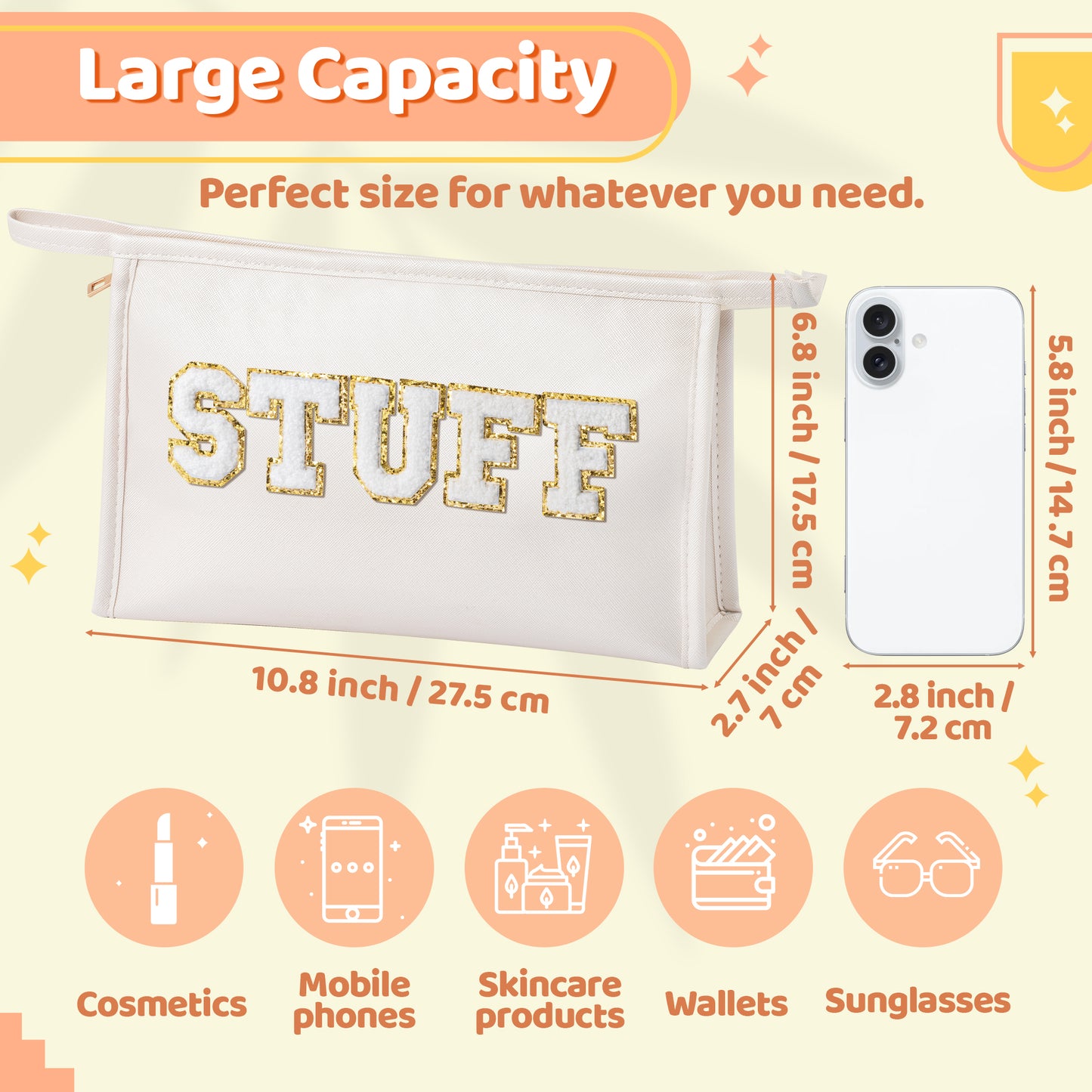 Y1tvei STUFF Zipper Pouch Large - White Preppy Stuff Chenille Letter Pouch for Travel, PU Leather Makeup Bag, Large Waterproof Portable Cosmetic Bags, Flat Pouch Travel Organizer for Women(White)