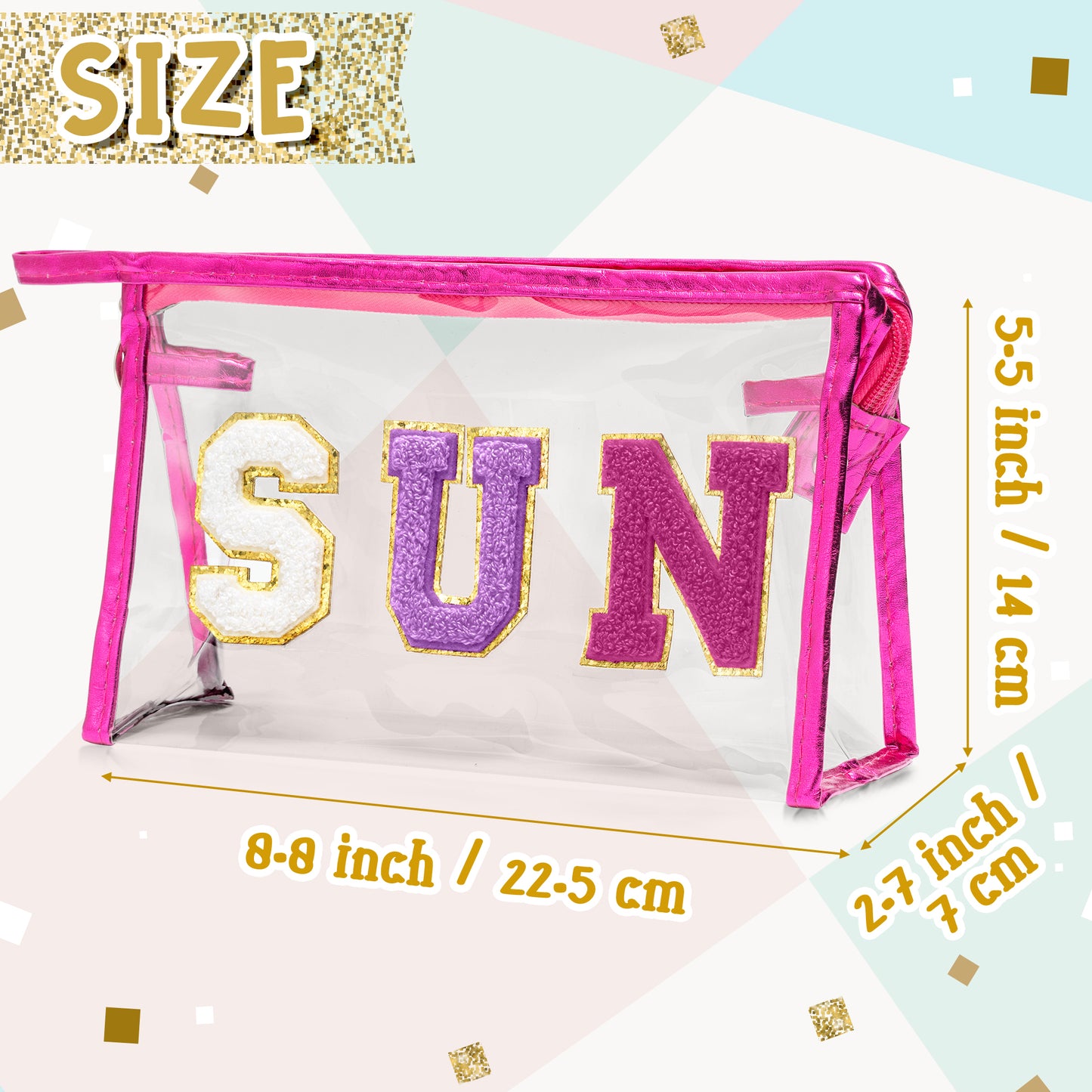 Y1tvei Clear SUN Makeup Bag - Preppy Purple SUN Chenille Varsity Letter Cosmetic Bag PVC Transparent Zipper Waterproof Beach Makeup Carry Pouch Portable Travel Toiletry Organizer for Women(Rose Red)