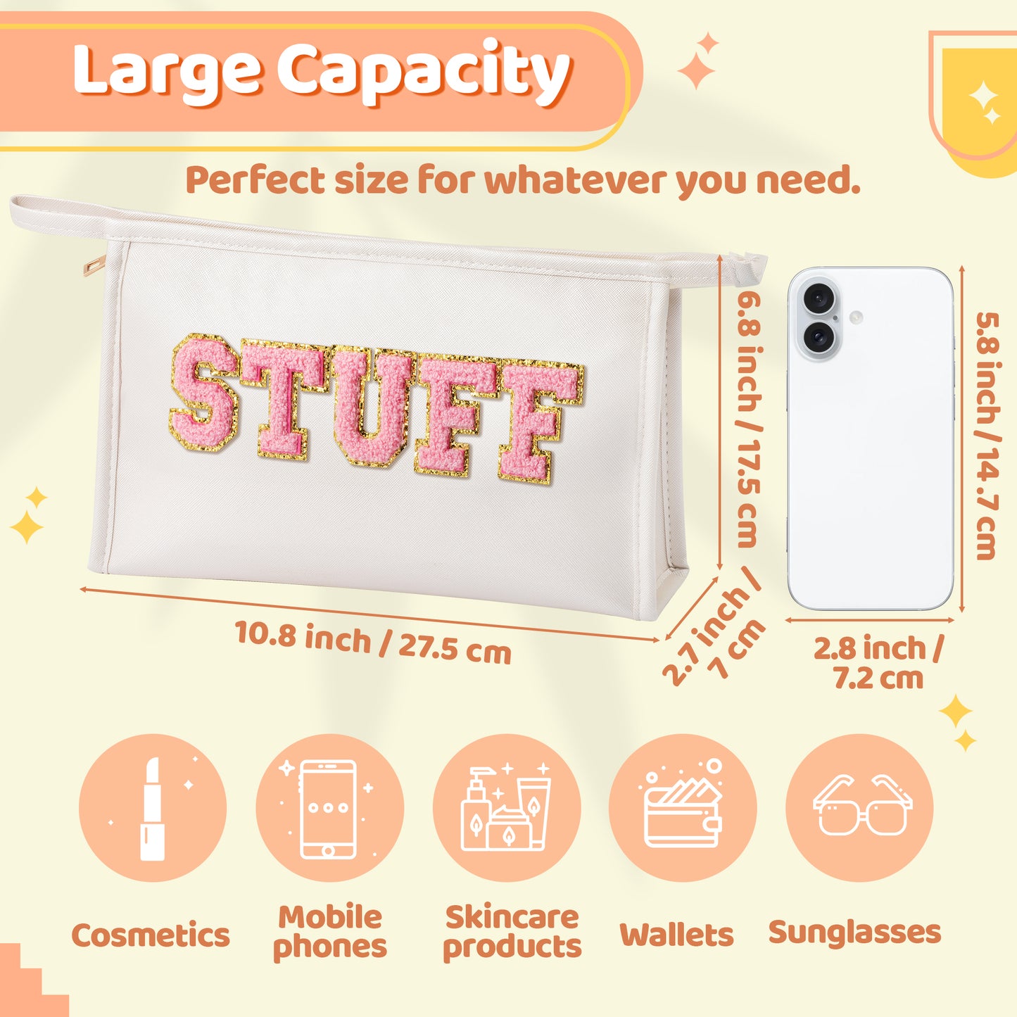 Y1tvei STUFF Zipper Pouch Large - Pink Preppy Stuff Chenille Letter Pouch for Travel, PU Leather Makeup Bag, Large Waterproof Portable Cosmetic Bags, Flat Pouch Travel Organizer for Women(Pink)