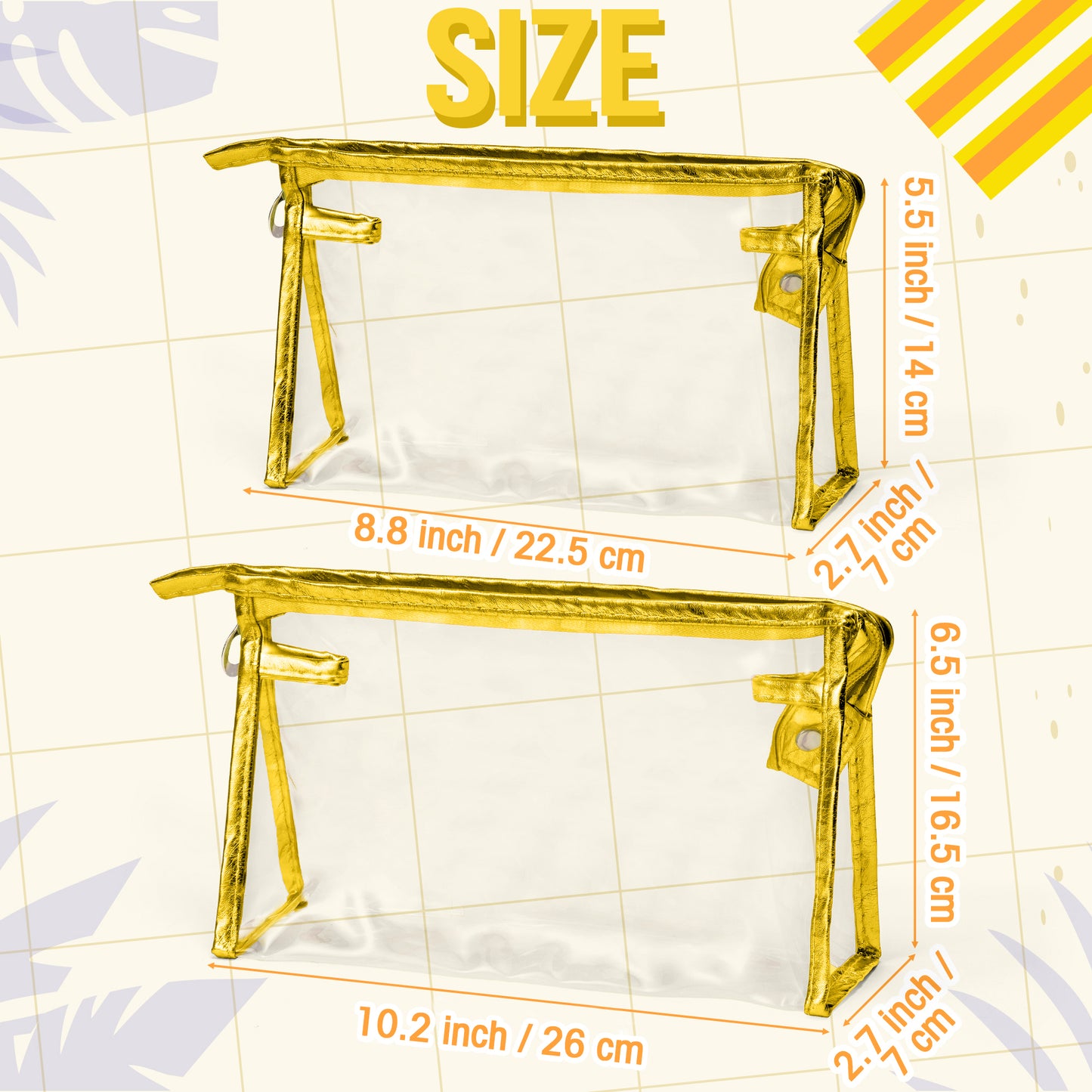 Y1tvei Clear Makeup Bag Set - 2Pcs Preppy Clear Cosmetic Travel Bag TSA Approved Large PVC Transparent Waterproof Plastic Sunscreen Pouch Beach Pool Summer Zipper Toiletry Organizer for Women(Gold)