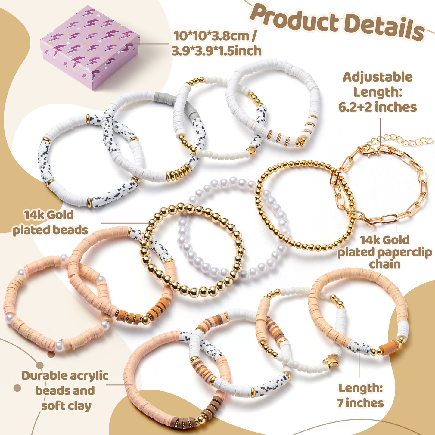 Y1tvei Heishi Surfer Bracelets Set - 14Pcs Brown White Clay Bead Bracelet Boho Stackable Pearl Beaded Layering Stretch Mix Bracelet Gold Plated Bead Summer Beach Jewelry Friendship Bracelet for Women