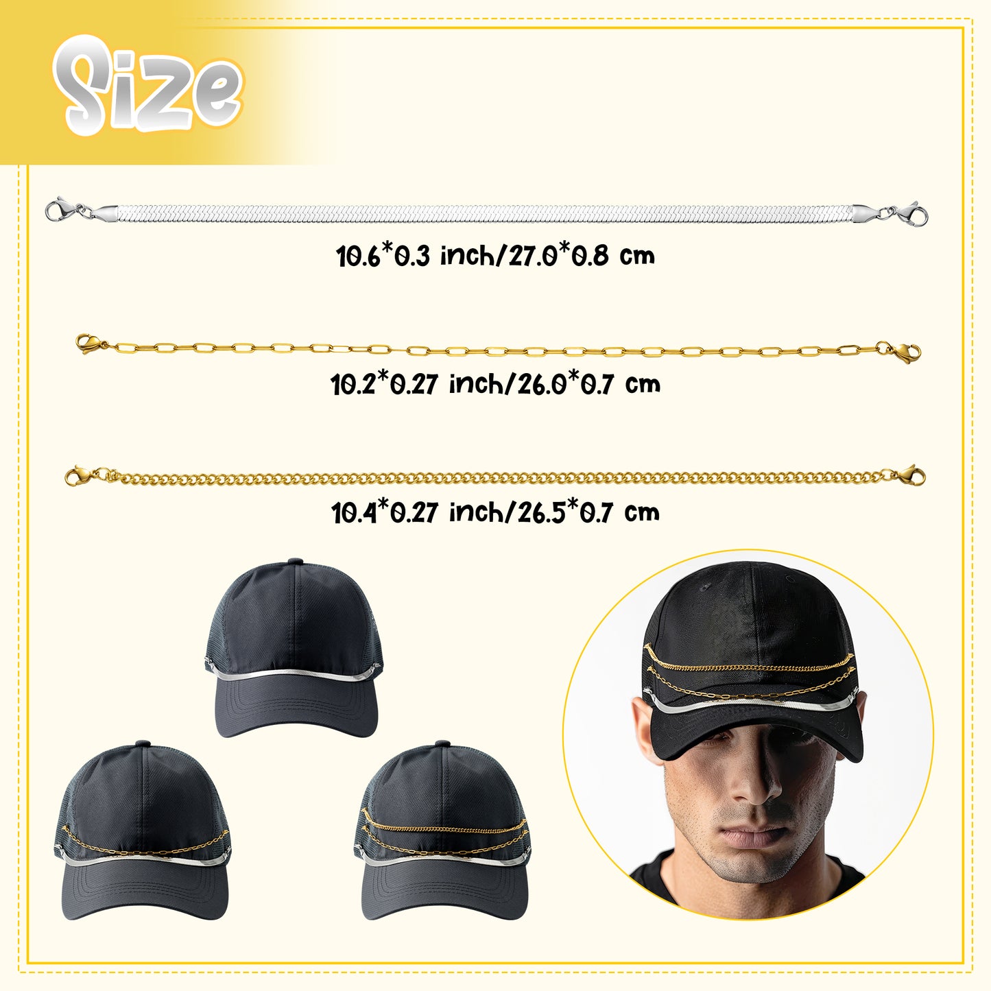 Y1tvei Gold Trucker Hat Chains - 3Pcs Gold Plated Stainless Steels Trucker Hat Chains Bill Decoration, DIY Mesh Baseball Cap Hat Chains Jewelry Accessories Charms Gift for Women Men Party Supplies