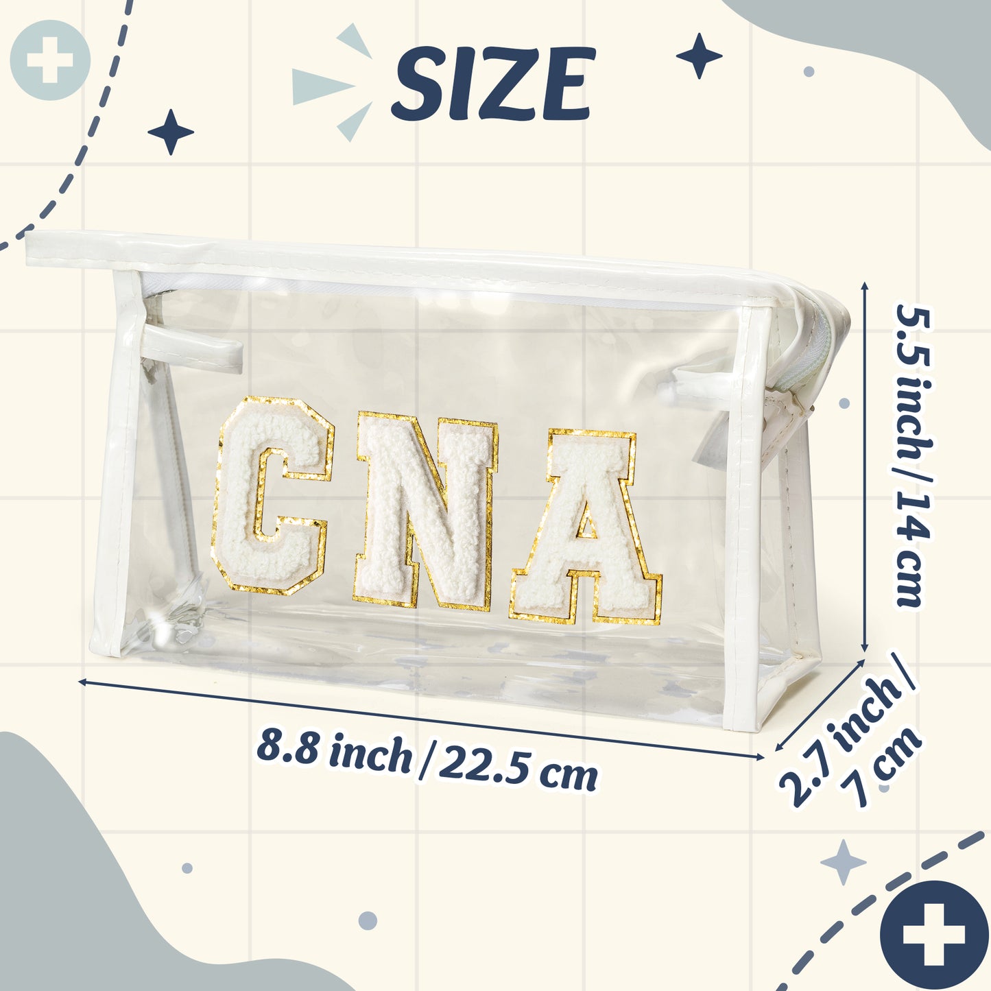 Y1tvei Clear CNA Makeup Bag - Preppy White CNA Chenille Varsity Letter Cosmetic Pouch Certified Nursing Assistant Cosmetic Toiletry Bag CNA Week Appreciation Graduation Gift Bag for Nurse Women(White)