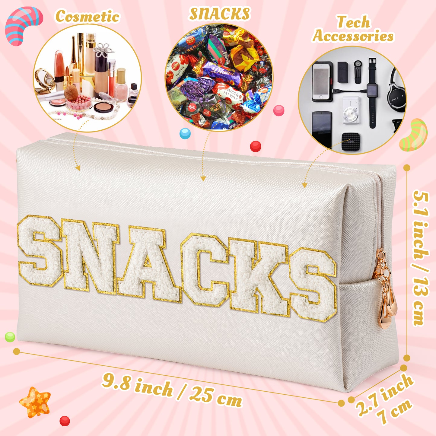 Y1tvei Large SNACKS Cosmetic Bag - Preppy White Snacks Chenille Varsity Letter Makeup Bag PU Leather Waterproof Toiletry Bag Zipper Pouch for Purse Travel Cosmetic Organizer Gift for Women(Shell Gold)