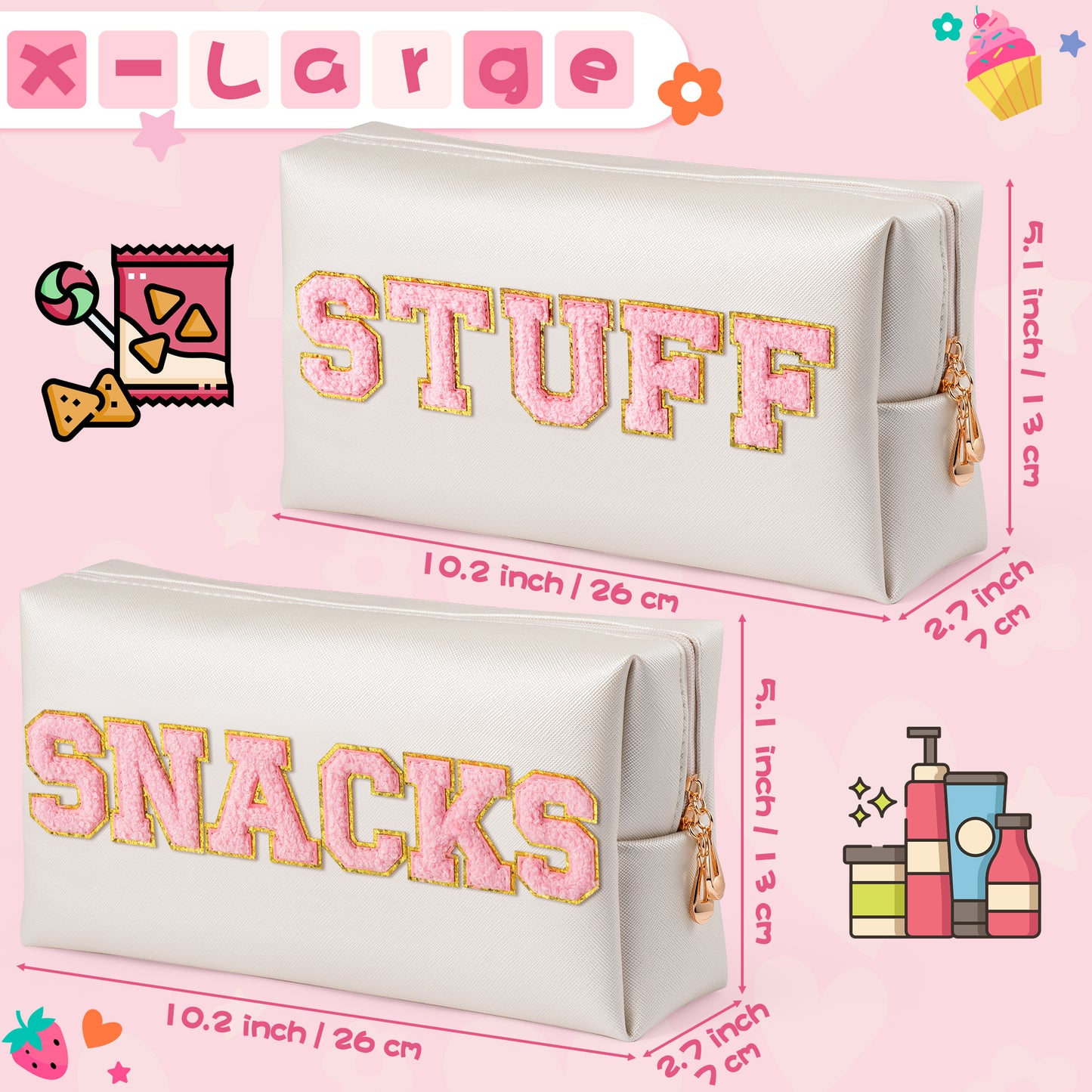 Y1tvei SNACKS STUFF Bag Pouch - Preppy Pink Snacks Stuff Chenille Varsity Letter Makeup Bag Leather Waterproof Toiletry Cosmetic Bag Zipper Pouch for Purse Travel Organizer Gift for Women(Shell Gold)