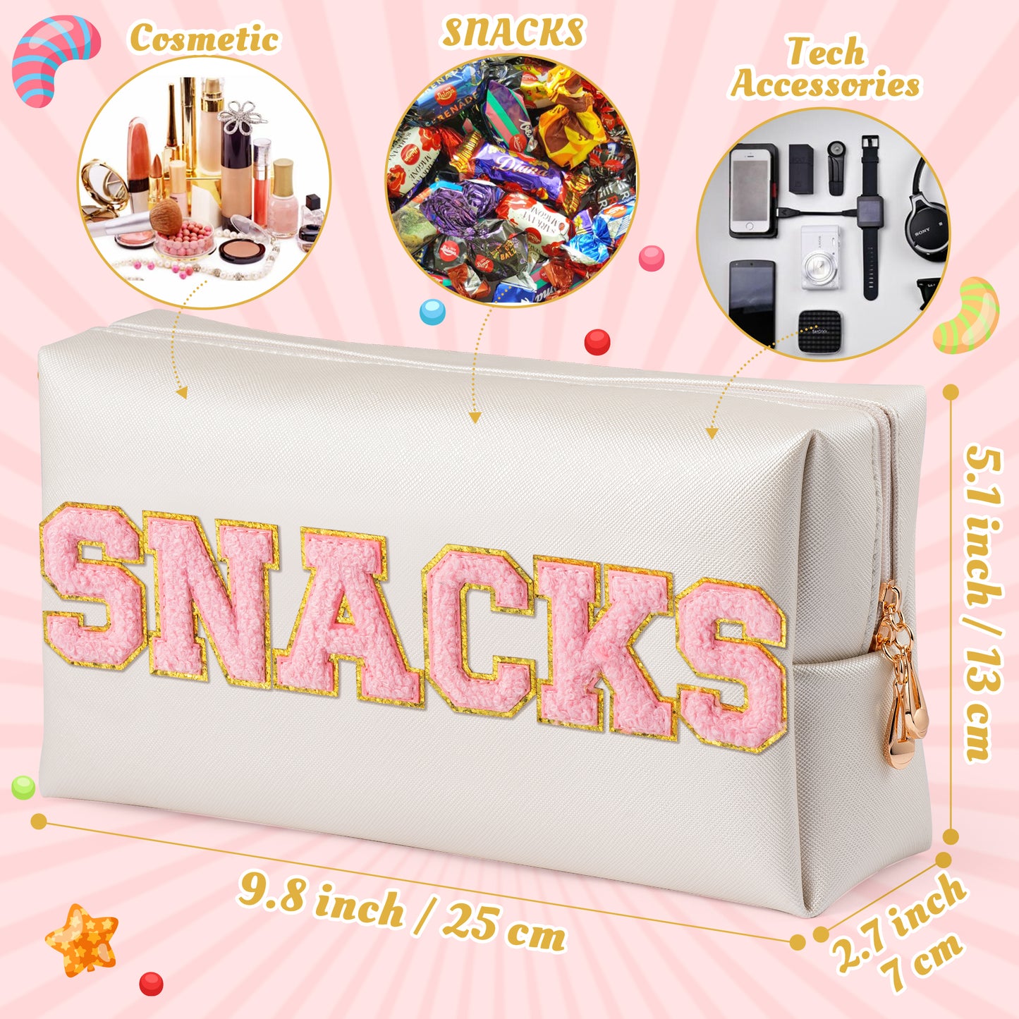 Y1tvei Large SNACKS Cosmetic Bag - Preppy Pink Snacks Chenille Varsity Letter Makeup Bag, PU Leather Waterproof Toiletry Bag Zipper Pouch for Purse Travel Cosmetic Organizer Gift for Women(Shell Gold)