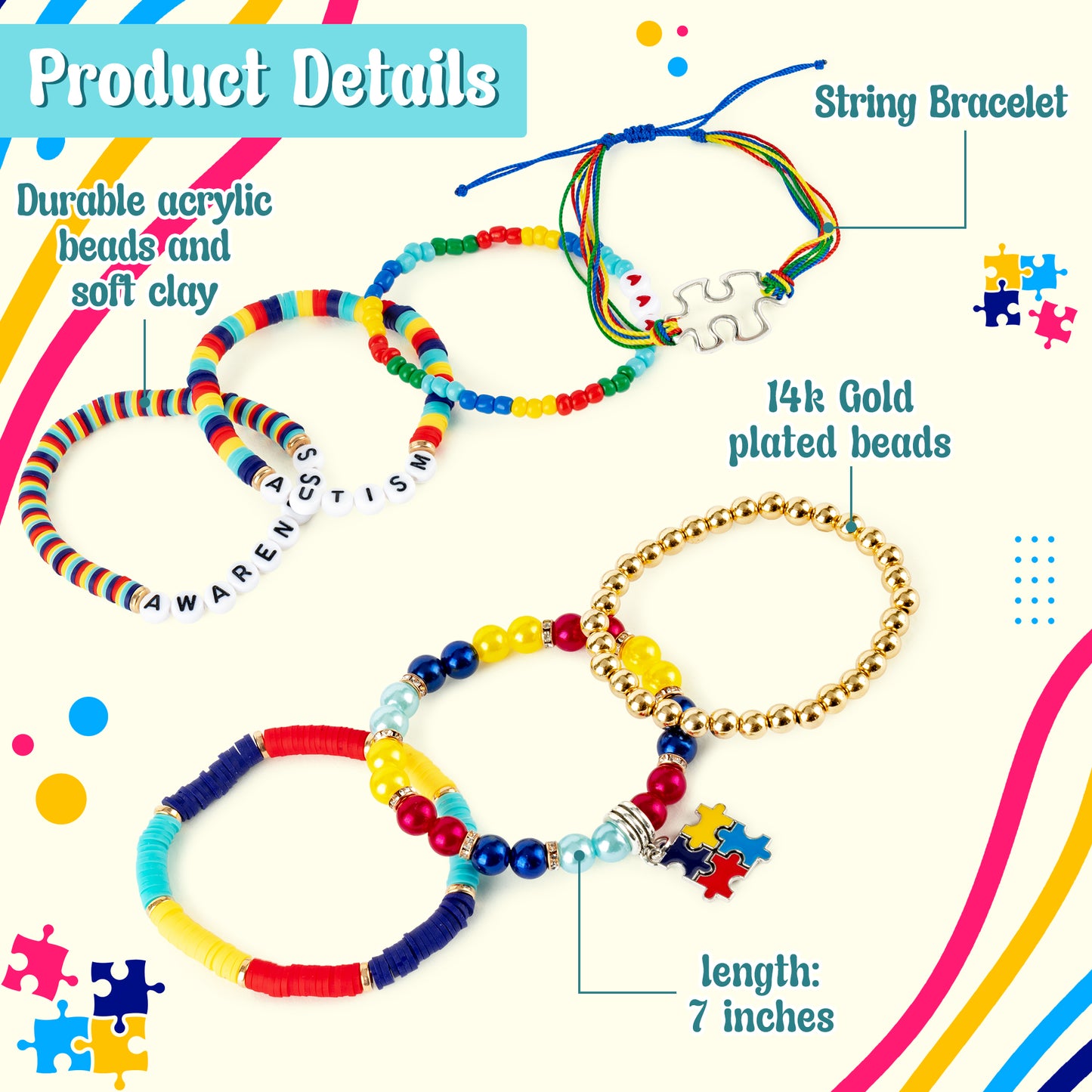 Y1tvei Autism Awareness Clay Bead Bracelets - 7Pcs Autism Awareness Colorful Clay Bead Surfer Bracelet Autism Puzzle Piece Bracelet String Layering Stackable Stretch Bracelet Autism Gift for Women Kid