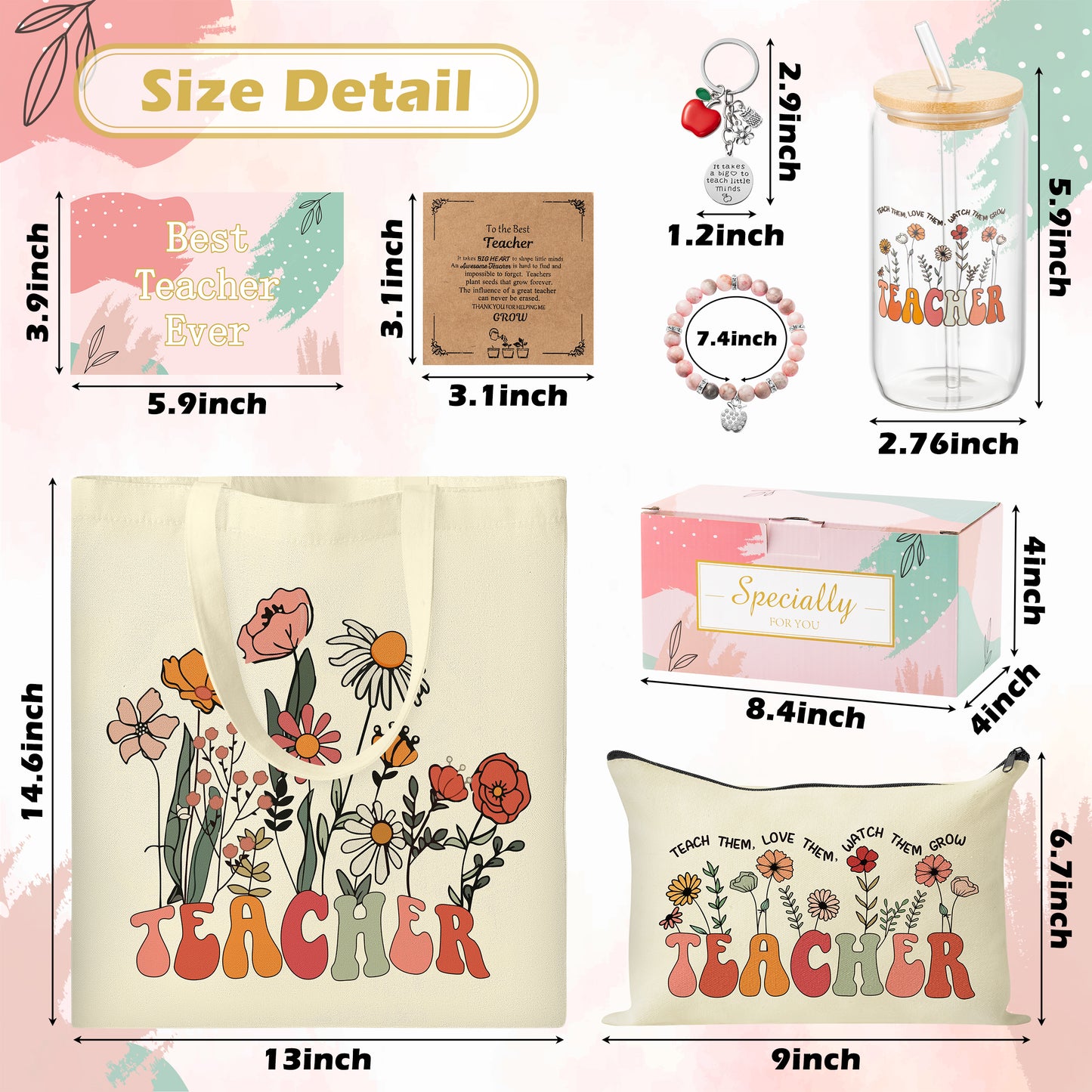 Y1tvei Teacher Appreciation Gift Set - Flower Teacher Canvas Tote Makeup Bag Set with Apple Keychain, 16 OZ Glass Cup with Bamboo Lid and Straw, Pink Zebra Bracelet Thank You Trend Jewelry for Women