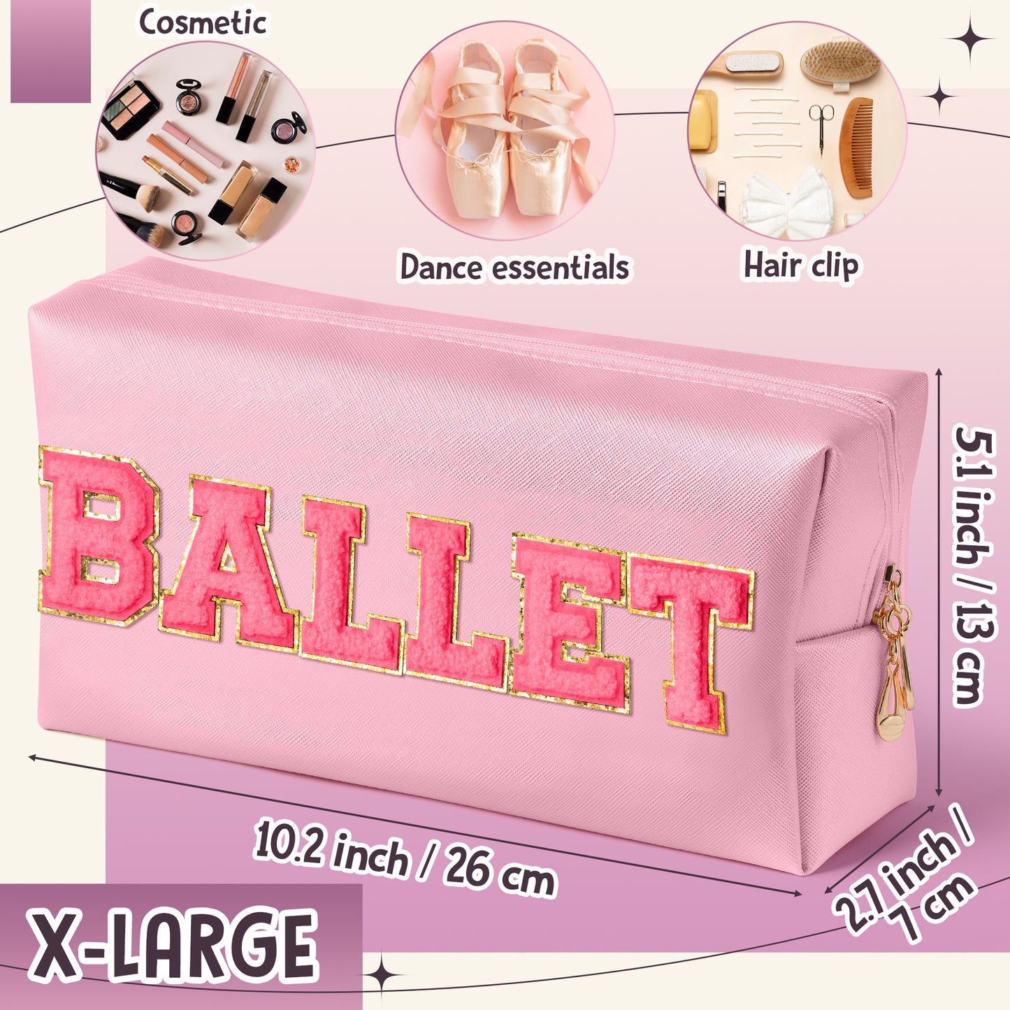 Y1tvei Ballet Cosmetic Bag for Girls - Preppy Patch BALLET Rose Red Chenille Letter Makeup Bag PU Leather Waterproof Portable Ballerina Makeup Pouch Dance Recital Travel Toiletry for Girl Dancer(Pink)