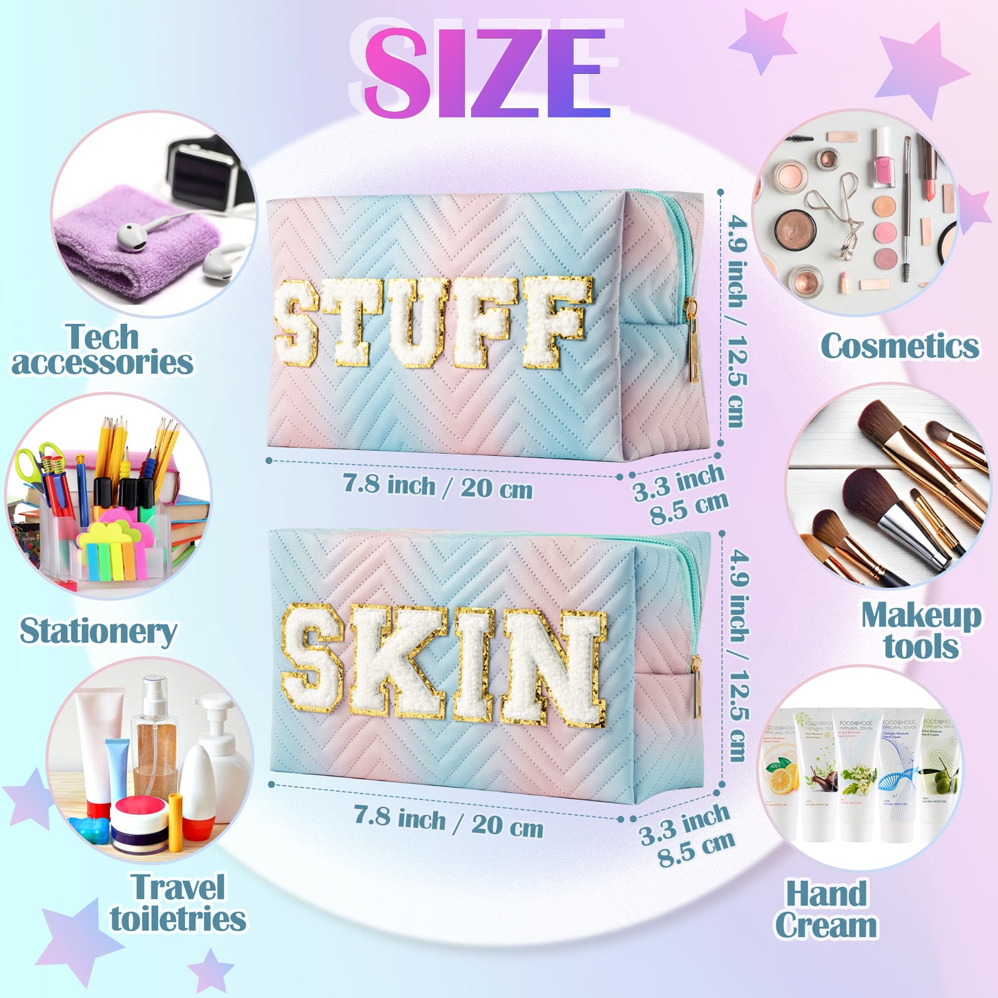 Y1tvei Preppy Patch SKIN STUFF Chenille Letter Blue Pink Gradient Makeup Bag Colorful Leather Waterproof Portable Fantasy Cosmetic Pouch Travel Toiletry Bag Carry On Zipper Organizer Gifts for Women