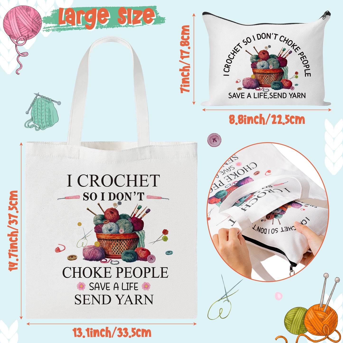 Y1tvei Crochet Canvas Tote Bag - 2Pcs I Crochet So I Don't Choke People Save A Life Send Yarn Canvas Cosmetic Pouch Tote Bag, Reusable Grocery Folding Shopping Bag, Knitting Gifts for Crocheters Women