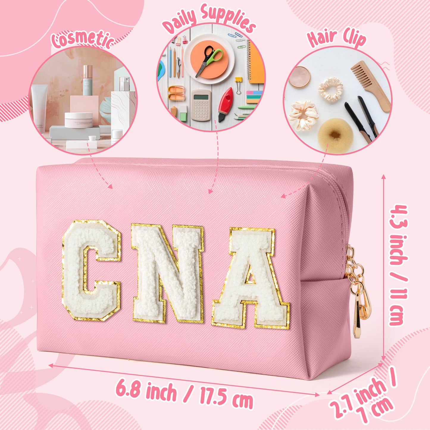 Y1tvei CNA Cosmetic Bag for Nurse - Preppy Patch CNA White Chenille Letter Makeup Bag PU Leather Certified Nursing Assistant Makeup Pouch CNA Week Appreciation Graduation Gift Bag for Women(Pink)