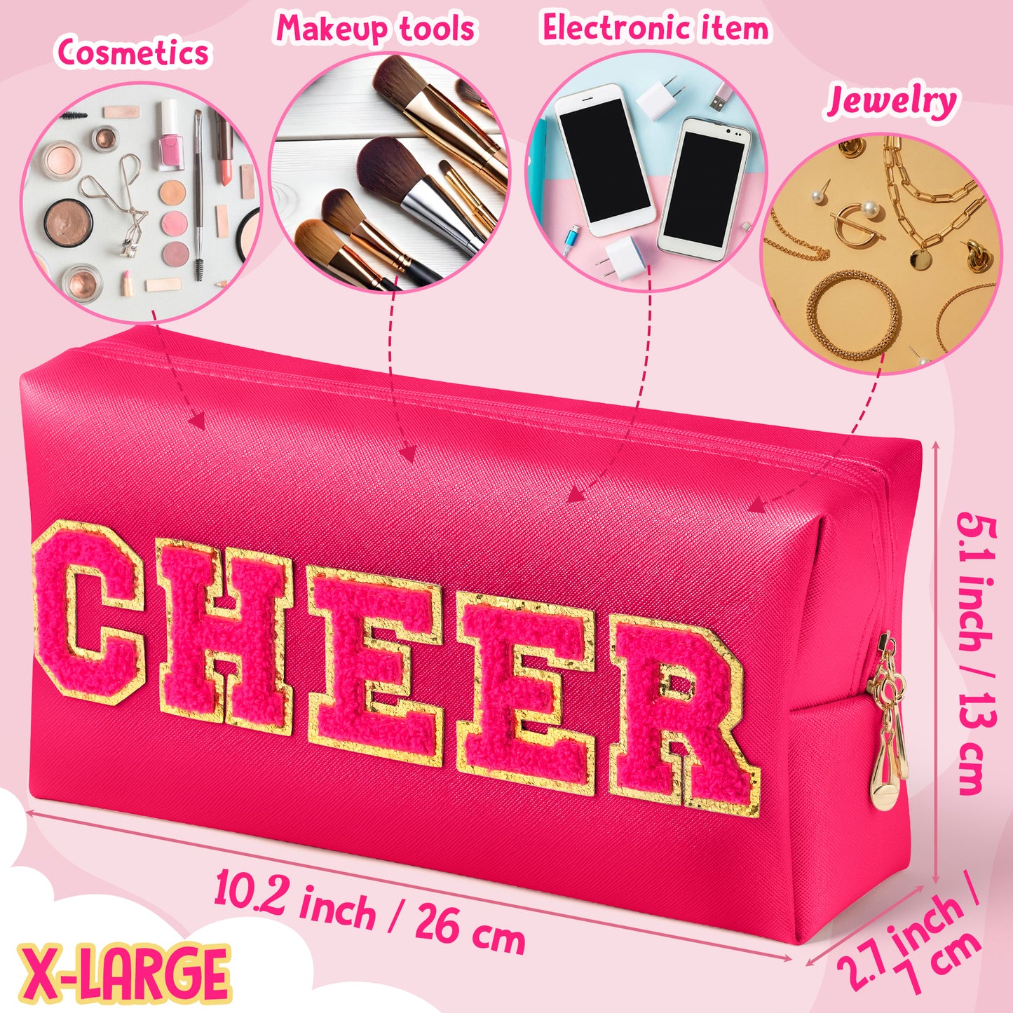 Y1tvei CHEER Large Cosmetic Bag - Preppy Patch CHEER Hot Pink Chenille Letter Makeup Bag PU Leather Waterproof Portable Cheer Letter Toiletry Pouch Travel Organizer for Cheerleader Girl (Rose Red)