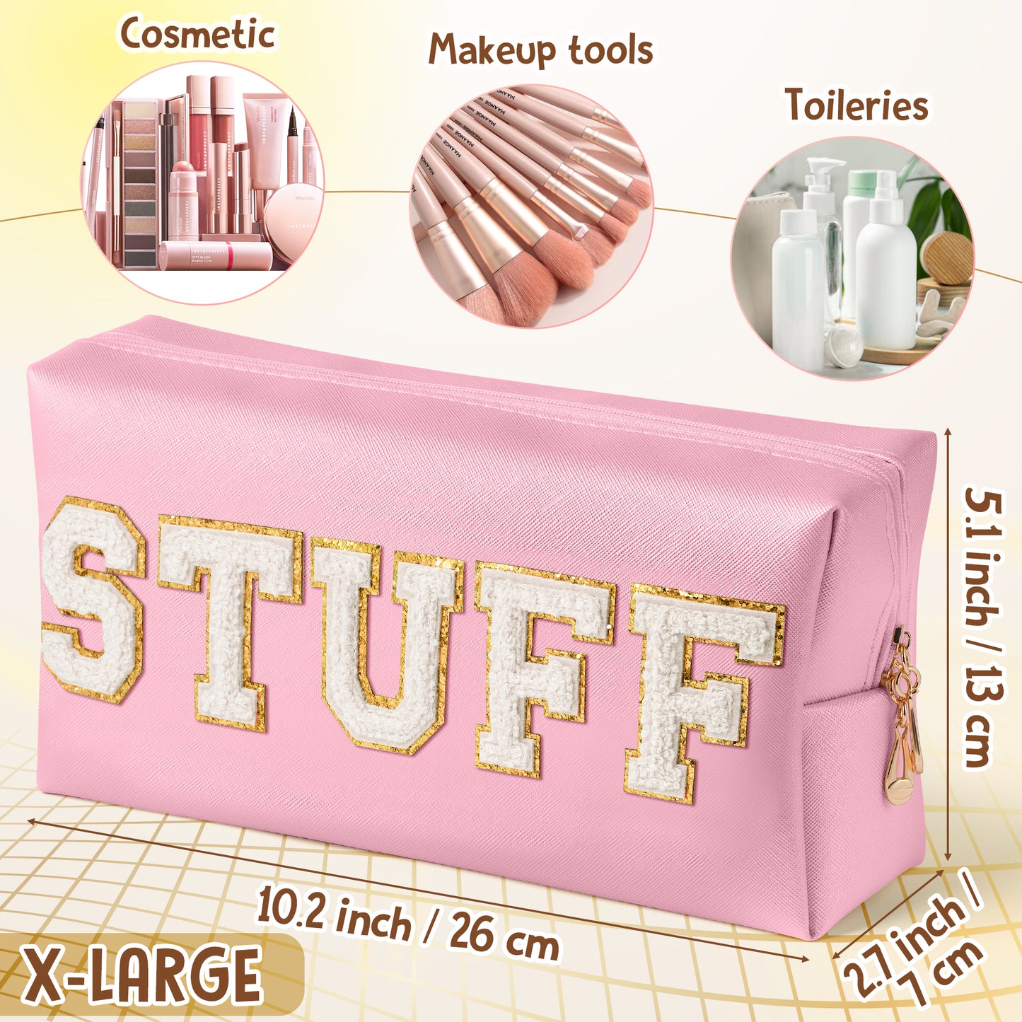 Y1tvei STUFF Makeup Bag Large - Preppy Patch Extra Large Stuff Varsity Letter Makeup Bag Sewn with White Letter PU Leather Waterproof Cosmetic Pouch Toiletry Zipper Organizer Gifts for Women(Pink)
