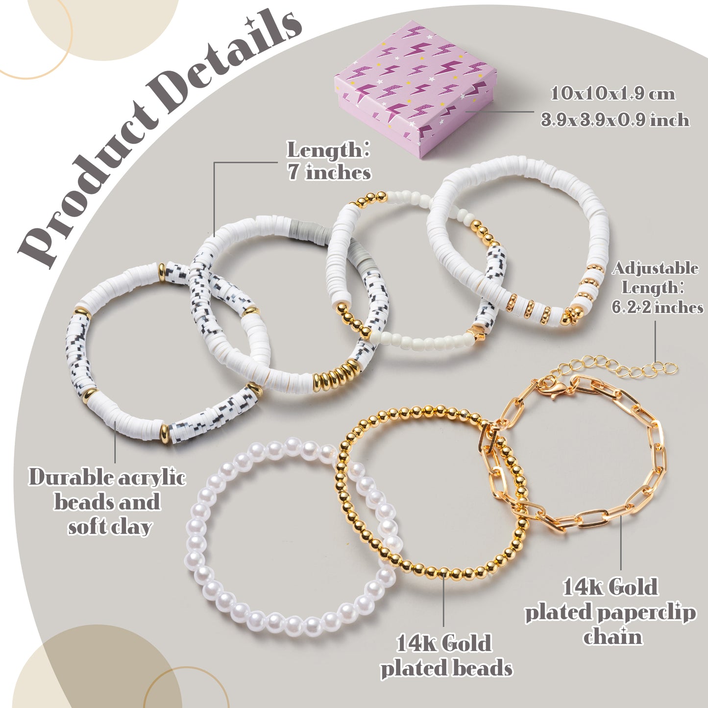 Y1tvei 7Pcs White Surfer Heishi Clay Bead Bracelet Set Boho Stackable Pearl Clay Beaded Layering Stretch Mix Bracelet Gold Plated Bead Jewelry Summer Beach Friendship Charm Bracelet for Women Girls