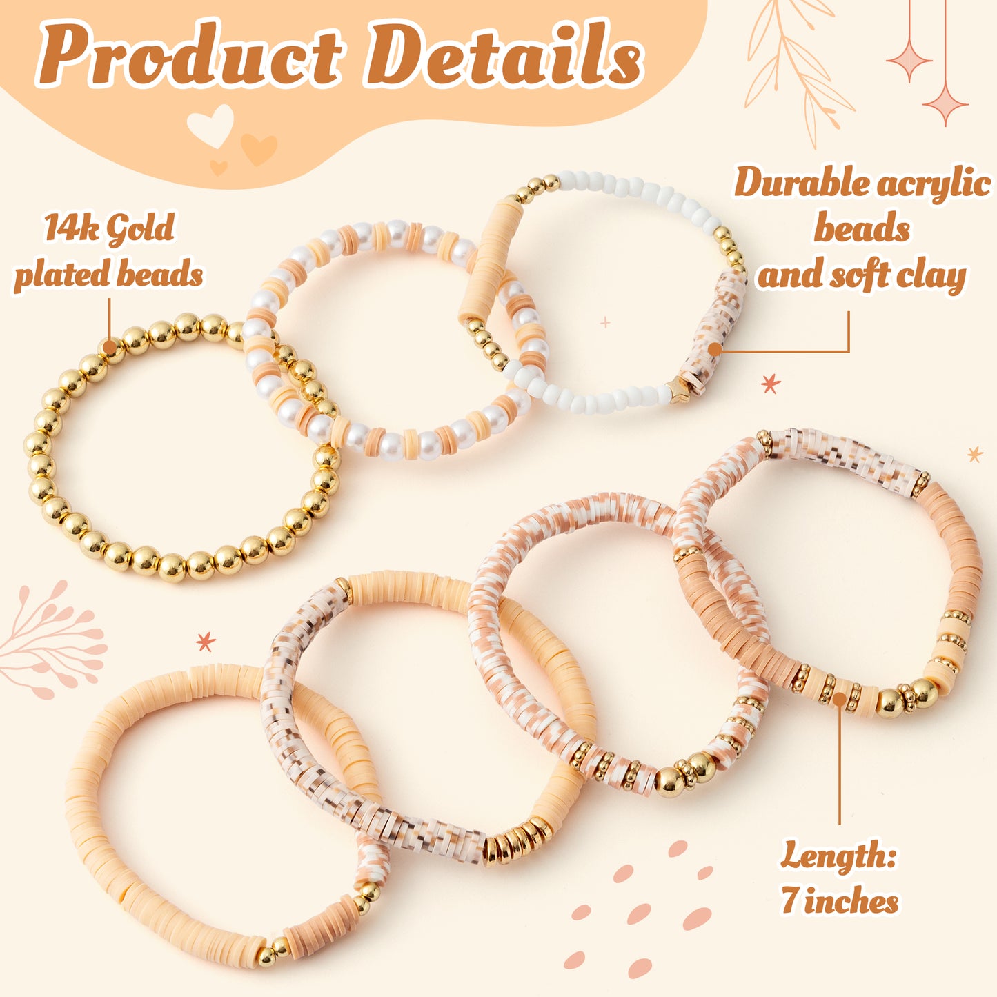 Y1tvei Boho Bracelets for Women - 7Pcs Boho Brown Spot Clay Bead Surfer Bracelet Set Gold Plated Bead Stackable Stretch Bracelet Layering Summer Beach Jewelry Friendship Bracelet Gift for Teen Girls