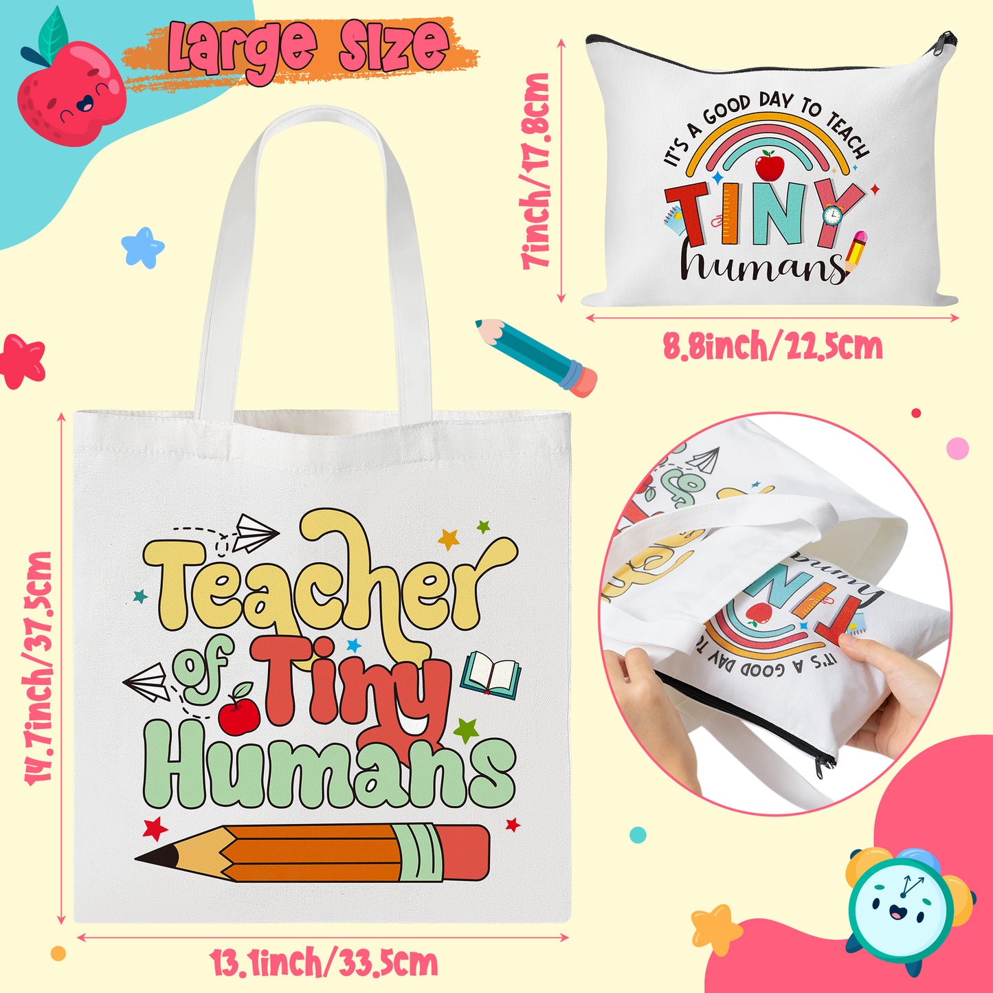 Y1tvei Teacher Appreciation Gift Bag - 2Pcs Funny Teacher Canvas Makeup Bag Set, Rainbow Teacher of Tiny Humans Tote Bag, Foldable Reusable Grocery Folding Shopping Bag, Teachers Day Gifts for Women