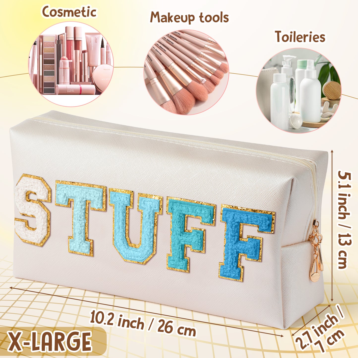 Y1tvei STUFF Makeup Bag Large - Preppy Patch Extra Large Stuff Varsity Letter Makeup Bag Sewn with Blue Letter PU Leather Waterproof Cosmetic Pouch Toiletry Zipper Organizer Gift for Women(Shell Gold)