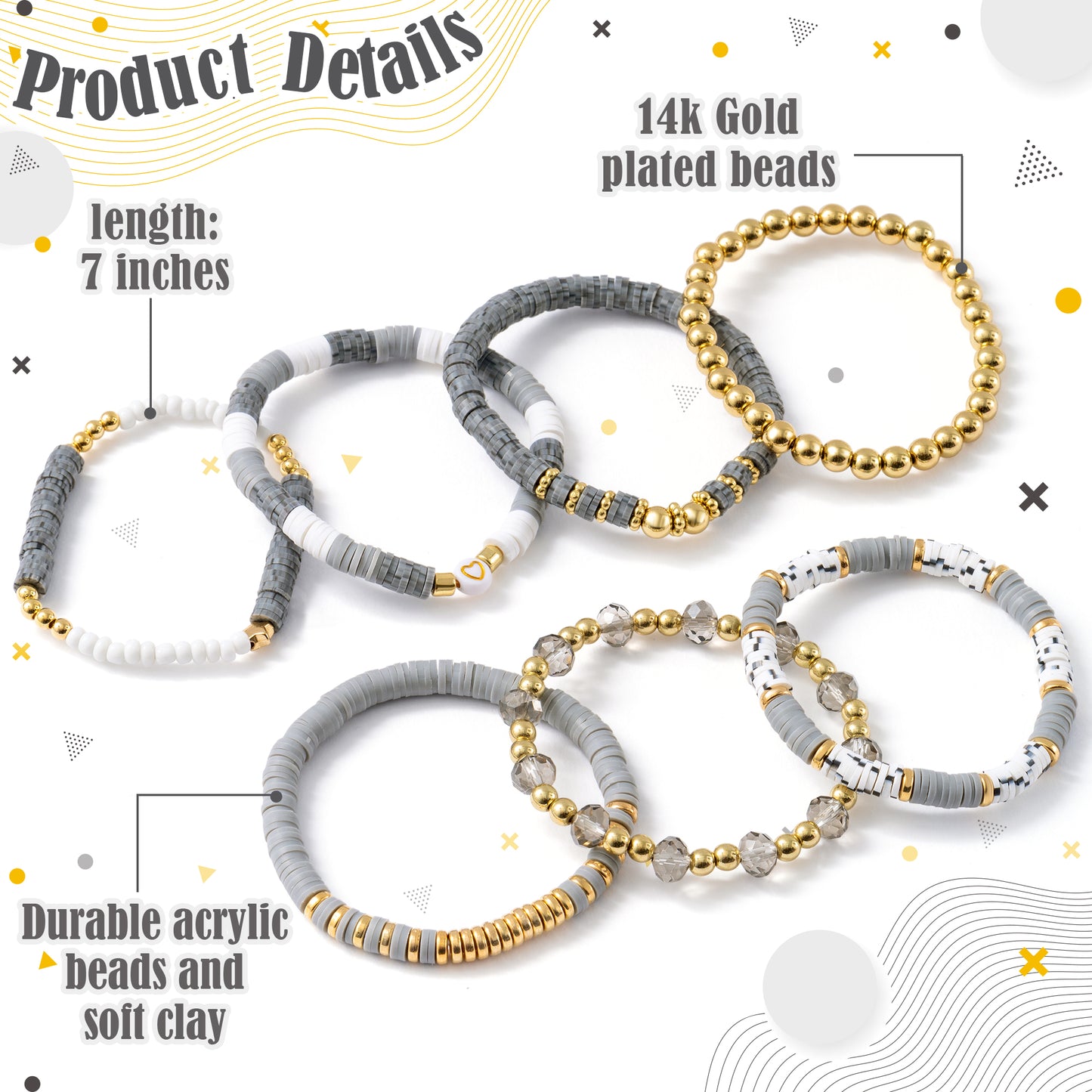 Y1tvei Gray Clay Bead Bracelets - 7Pcs Gray White Clay Bead Surfer Bracelet Set Gold Plated Bead Stackable Stretch Bracelet Layering Summer Beach Jewelry Friendship Bracelet Gift for Women Teen Girls