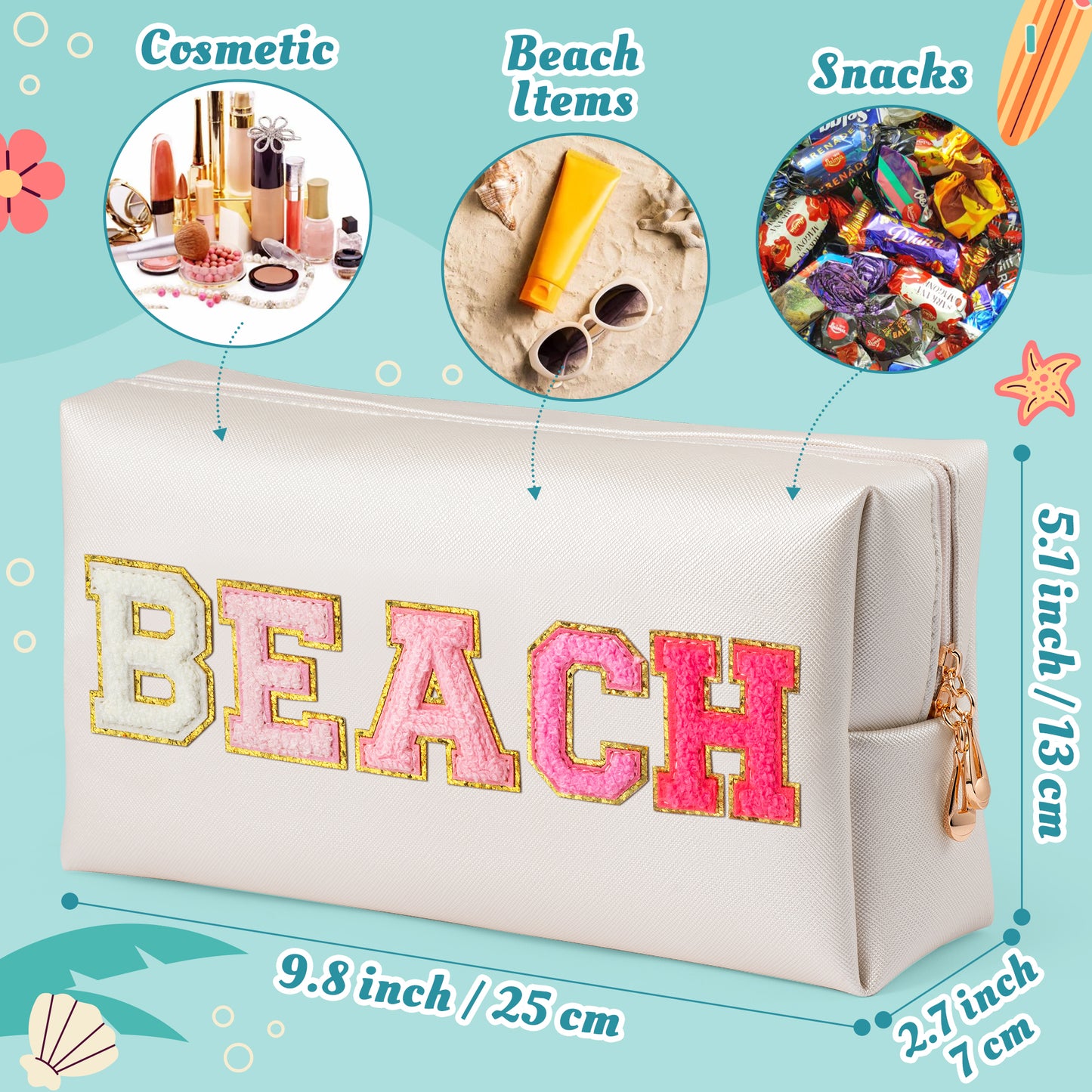 Y1tvei BEACH Chenille Letter Bag - Preppy Patch Red Beach Makeup Cosmetic Bag Leather Waterproof Zipper Summer Beach Bag Travel Pouch Sunscreen Lotion Toiletry Bag Gift for Women Vacation(Shell Gold)