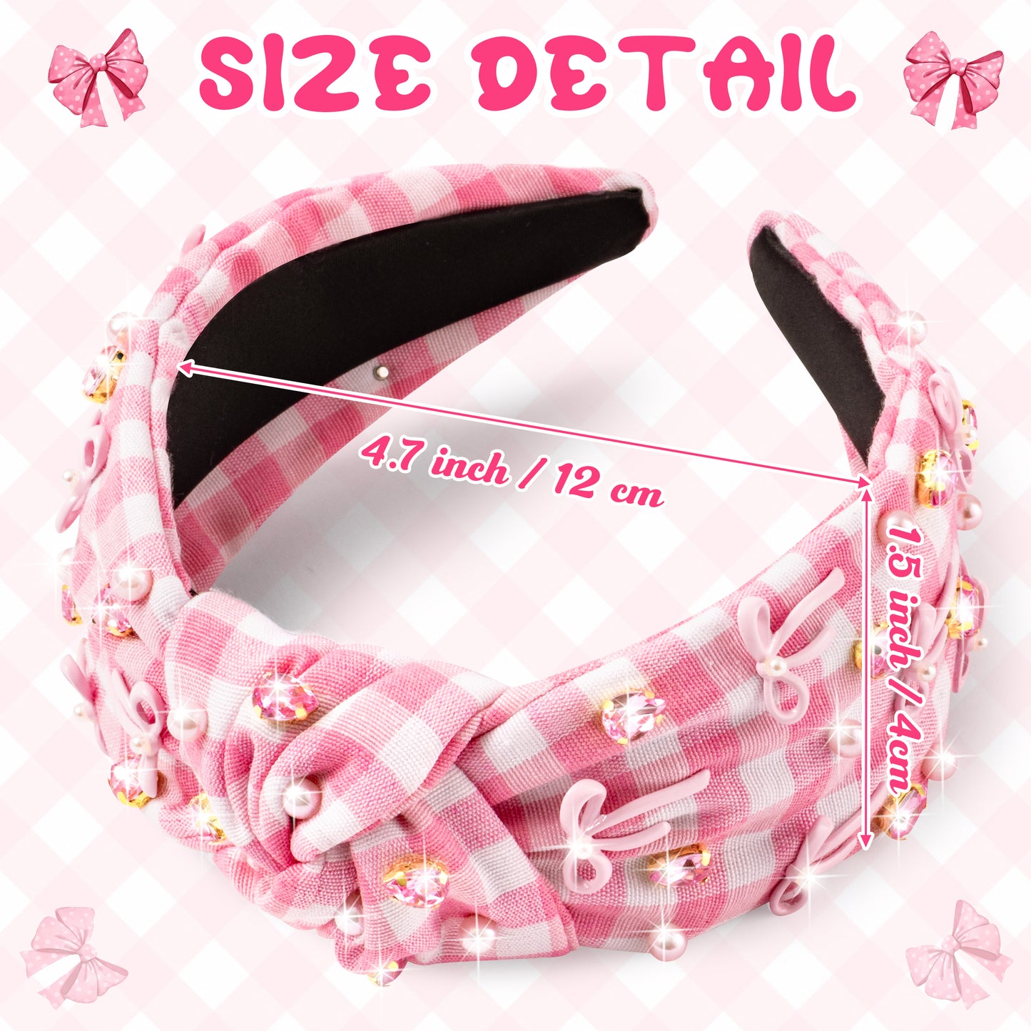 Y1tvei Bow Checked Knotted Headband - Coquette Pink Bow Checked Crystal Rhinestone Pearl Embellished Headband Wide Top Knot Fashion Non Slip Trendy Plaid Headband Hair Accessories Gift for Women Girls
