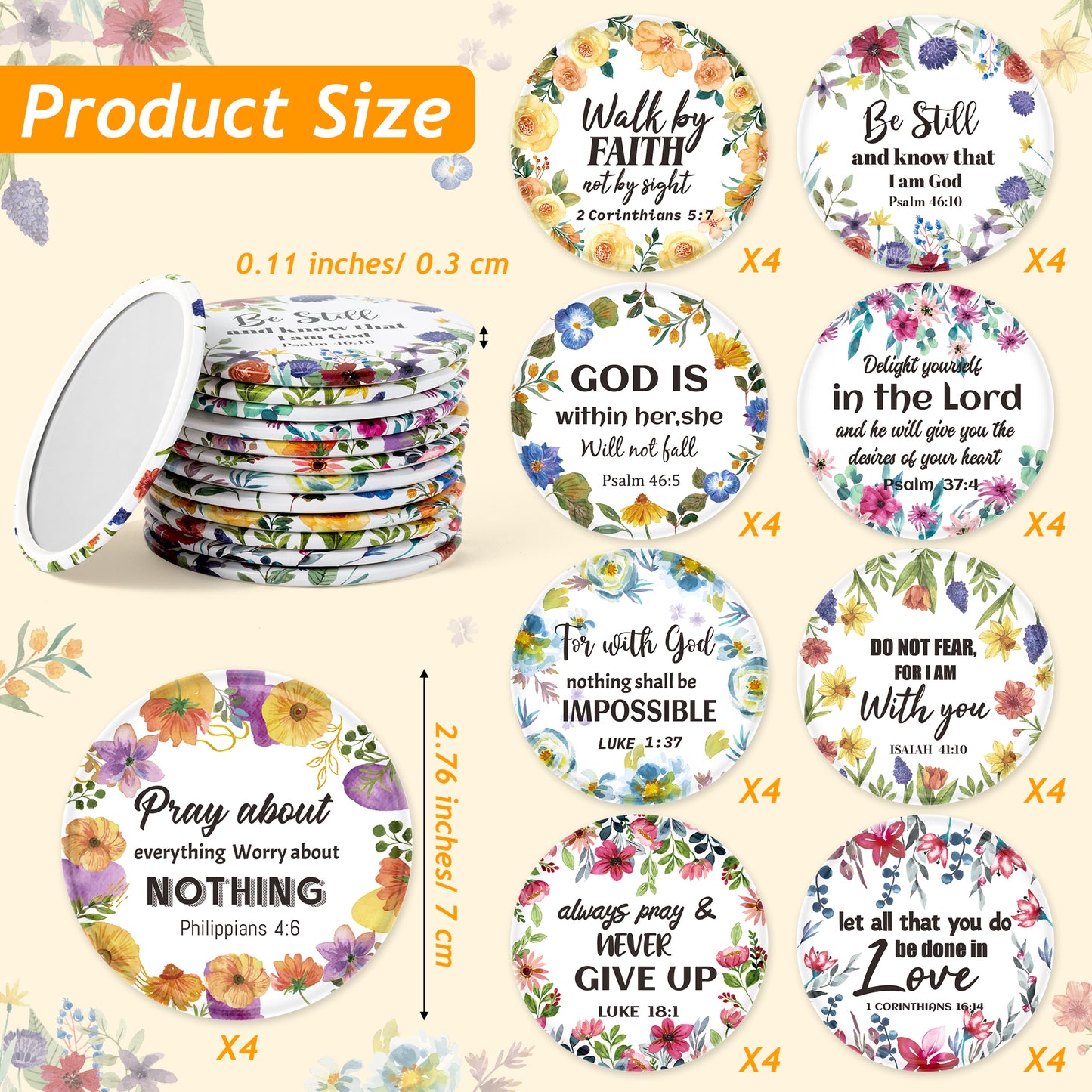 Y1tvei Bible Verse Compact Mirrors - 36Pcs Floral Bible Verse Mini Compact Mirrors Christian Gifts Bulk Inspirational Small Portable Round Pocket Makeup Mirror for Purse Church Party Favors for Women