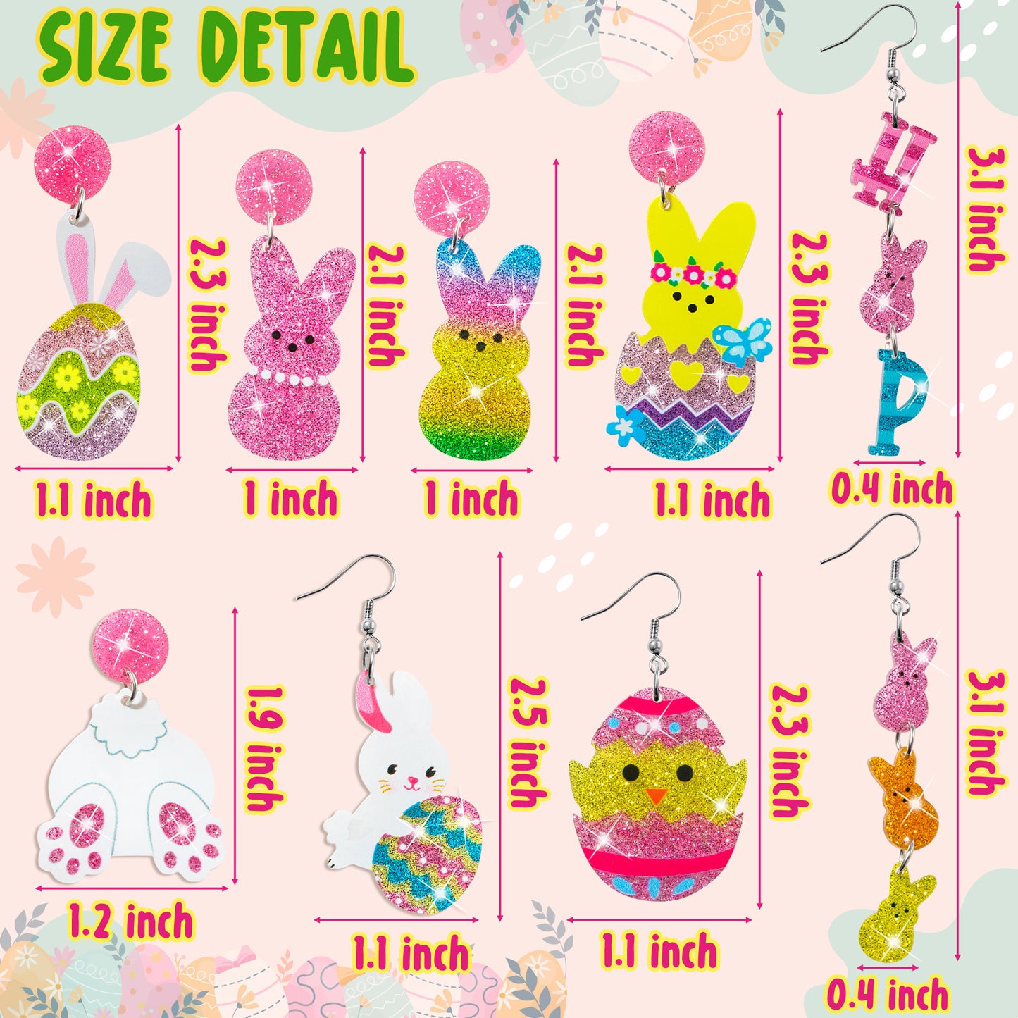 Y1tvei Easter Earrings for Women - 9Pairs Cute Bunny Easter Egg Shaped Sparkly Glitter Drop Dangle Earring Variety Pack Lightweight Cartoon Ear Decoration Holiday Jewelry Funny Easter Accessories Gift
