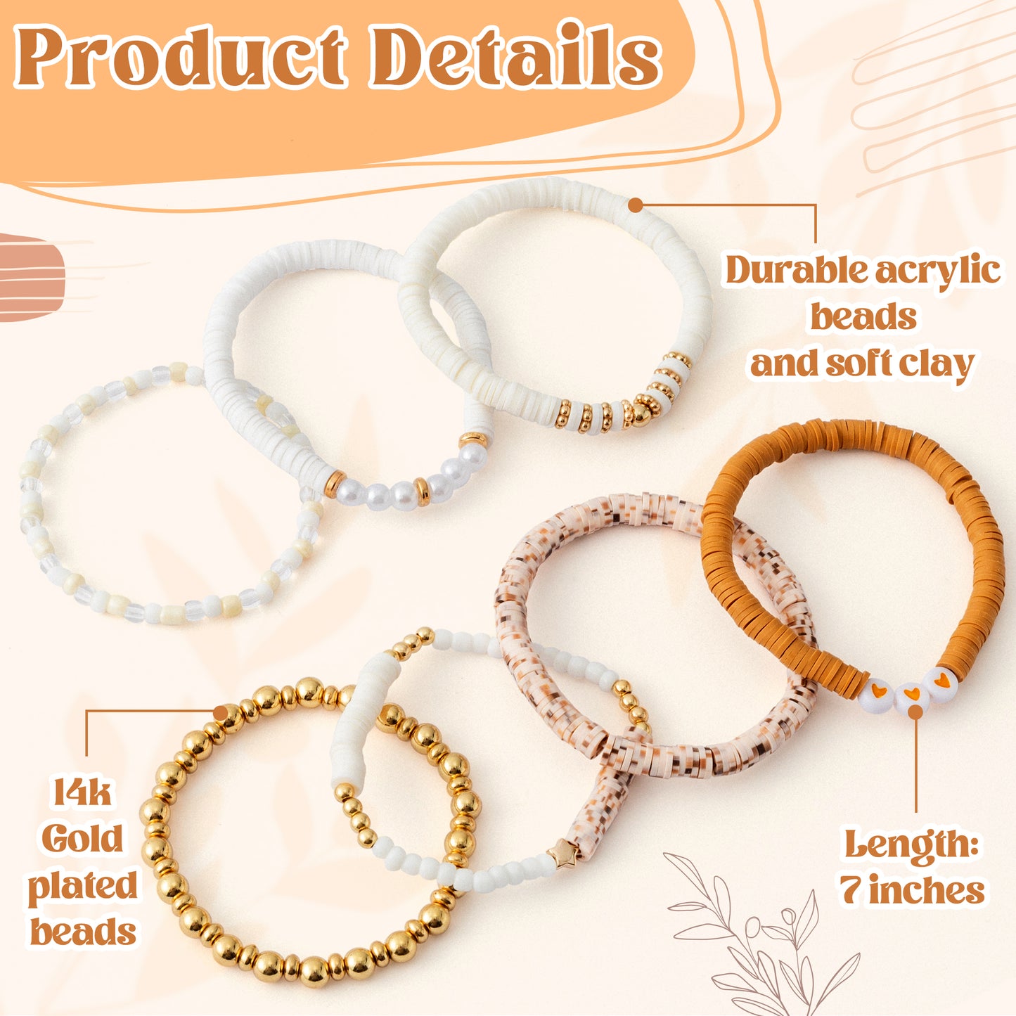 Y1tvei Brown Bracelets for Women - 7Pcs Brown White Spot Clay Bead Surfer Bracelet Set Gold Plated Bead Stackable Stretch Bracelet Layering Summer Beach Jewelry Friendship Bracelet Gift for Women Girl