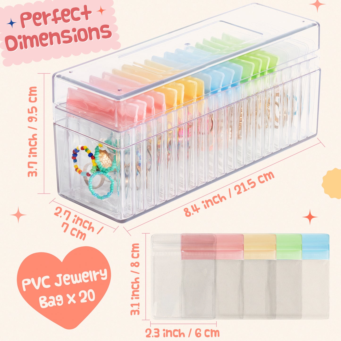 Y1tvei Acrylic Jewelry Box Organizer - Clear Jewelry Organizer Holder with 20 Portable Anti Tarnish Zipper Jewelry Bags, Travel Jewelry Drawer Organizer, Jewelry Storage for Necklaces Rings Earrings