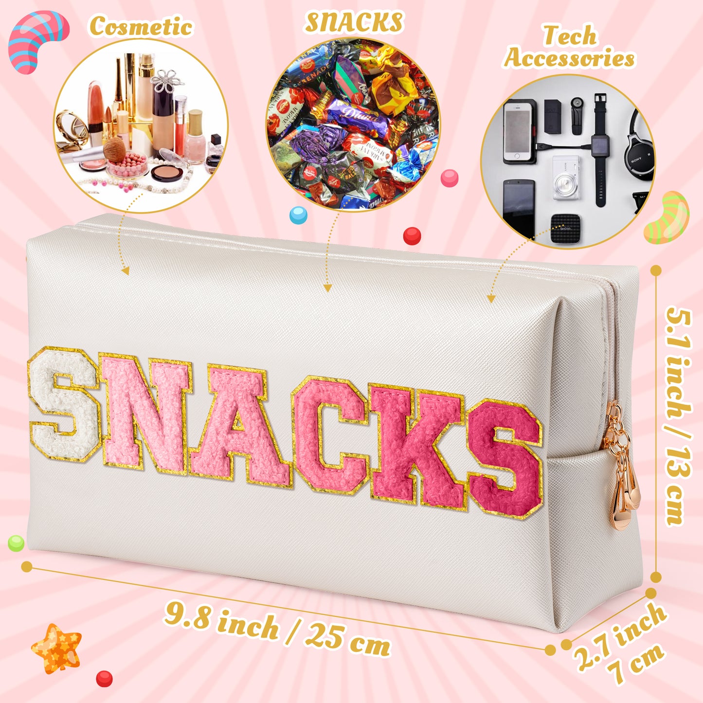 Y1tvei Large SNACKS Cosmetic Bag - Preppy Red Snacks Chenille Varsity Letter Makeup Bag, PU Leather Waterproof Toiletry Bag Zipper Pouch for Purse Travel Cosmetic Organizer Gift for Women(Shell Gold)