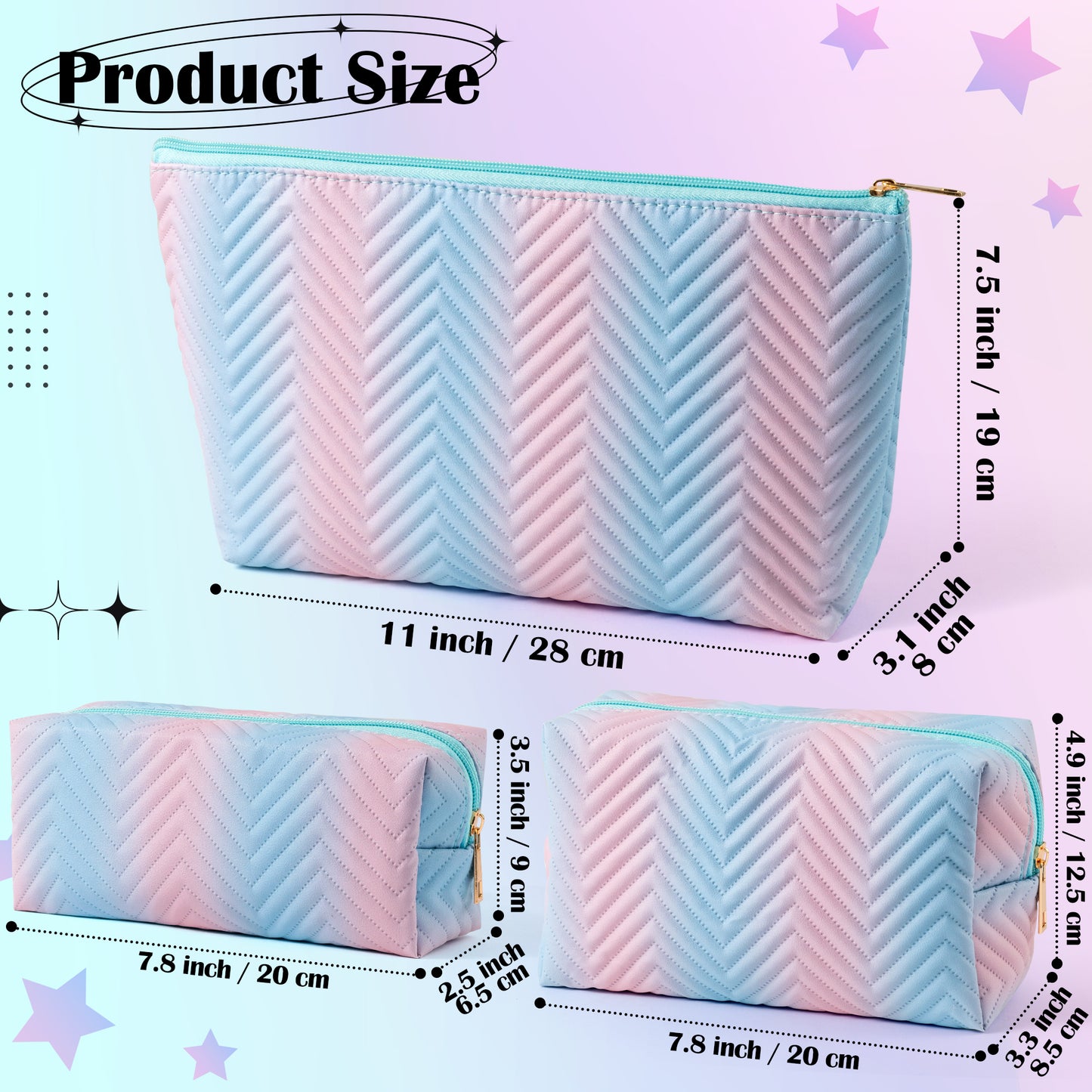 Y1tvei Gradient Makeup Bag Set - 3Pcs Blue Pink Gradient Makeup Bag Colorful Leather Waterproof Fantasy Cosmetic Pouch Makeup Brush Bag Zipper Carry Pouch Travel Toiletry Organizer Gifts for Women