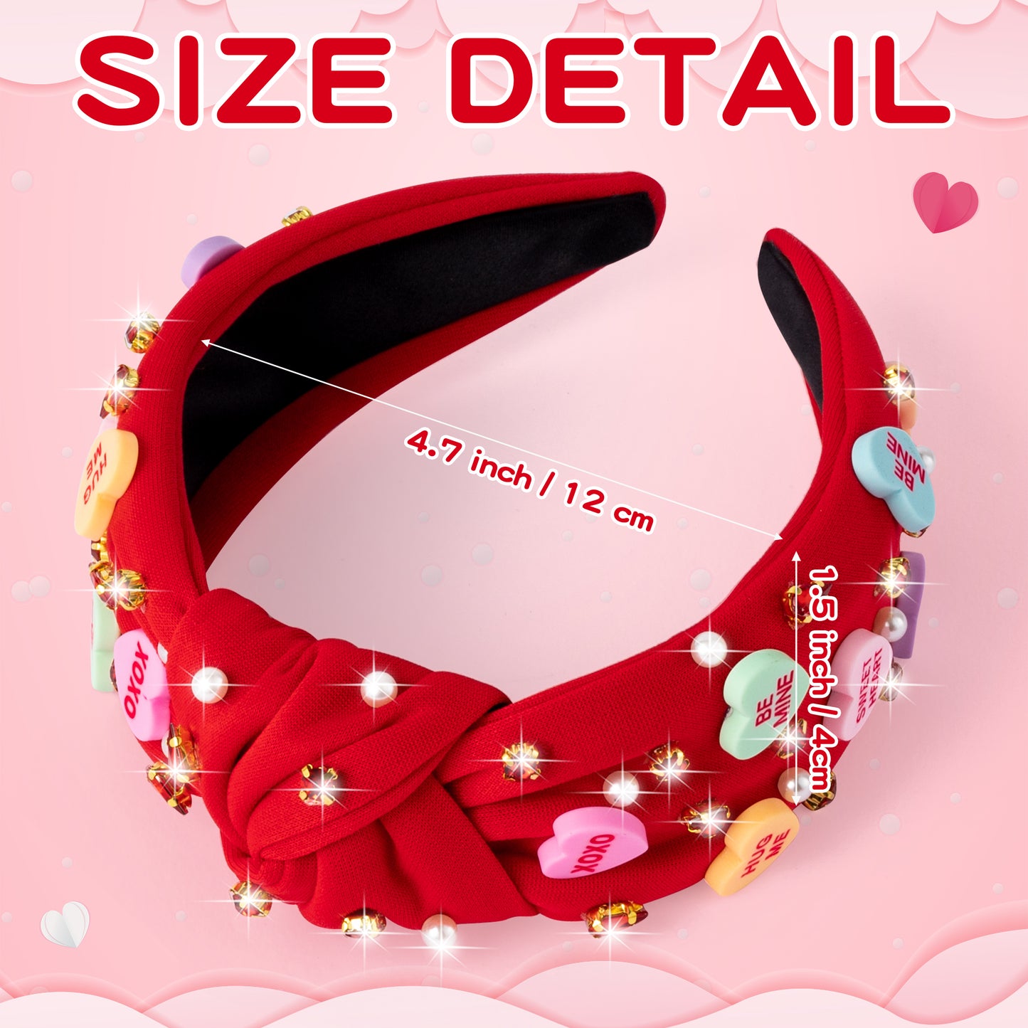 Y1tvei Valentine's Day Knotted Headband - Red Conversation XOXO Heart Love Crystal Rhinestone Headband Wide Top Knot Fashion Headband Non Slip Trendy Holiday Hair Accessories Gift for Women Lover