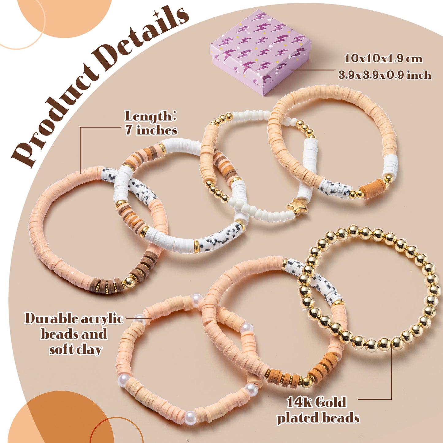 Y1tvei 7Pcs Brown Surfer Heishi Clay Bead Bracelet Set Boho Stackable Pink Polymer Clay Beaded Layering Stretch Charm Bracelet Gold Plated Bead Jewelry Summer Beach Friendship Bracelet for Women Girls