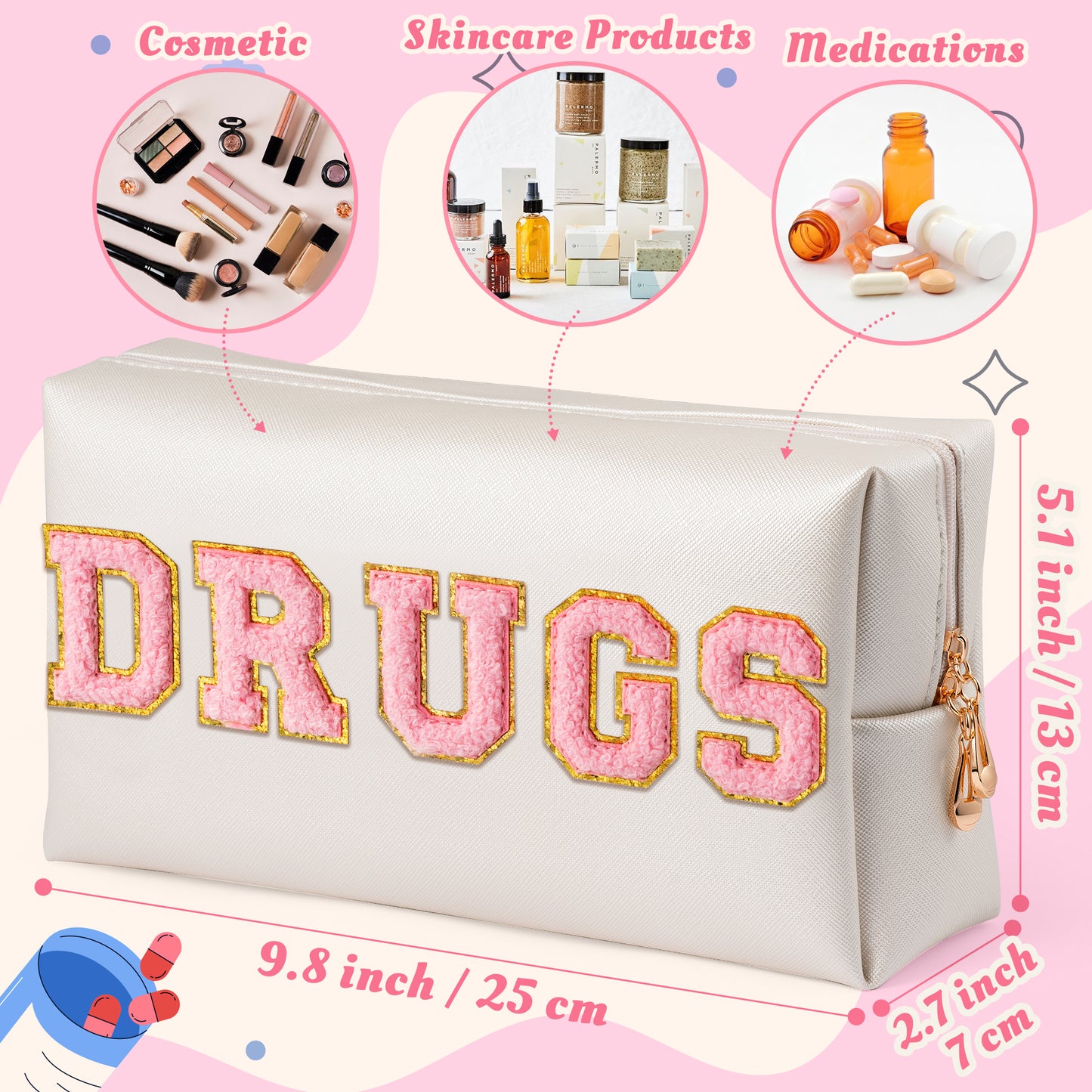 Y1tvei DRUGS Letter Cosmetic Bag - Preppy Pink Drugs Chenille Varsity Letter Makeup Bag, Leather Waterproof Toiletry Bag, Large Medicine Pouch for Purse Travel Cosmetic Organizer for Women(Shell Gold)