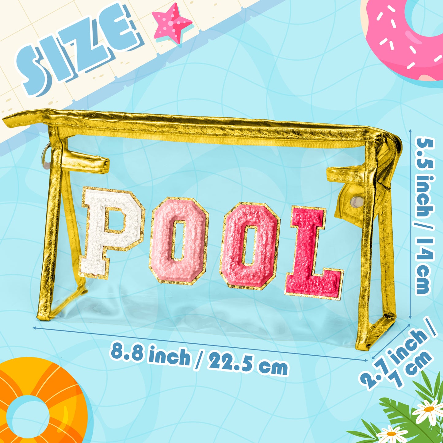 Y1tvei Clear POOL Makeup Bag - Preppy Rose Red POOL Chenille Varsity Letter Sunscreen Cosmetic Pouch PVC Transparent Zipper Waterproof Beach Summer Travel Toiletry Organizer for Swimmer Women(Gold)