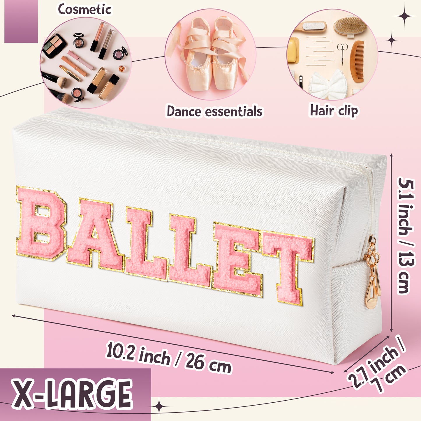 Y1tvei Ballet Cosmetic Bag for Girls - Preppy Patch BALLET Pink Chenille Letter Makeup Bag PU Leather Waterproof Portable Ballerina Makeup Pouch Dance Recital Travel Toiletry for Girl Dancer(White)