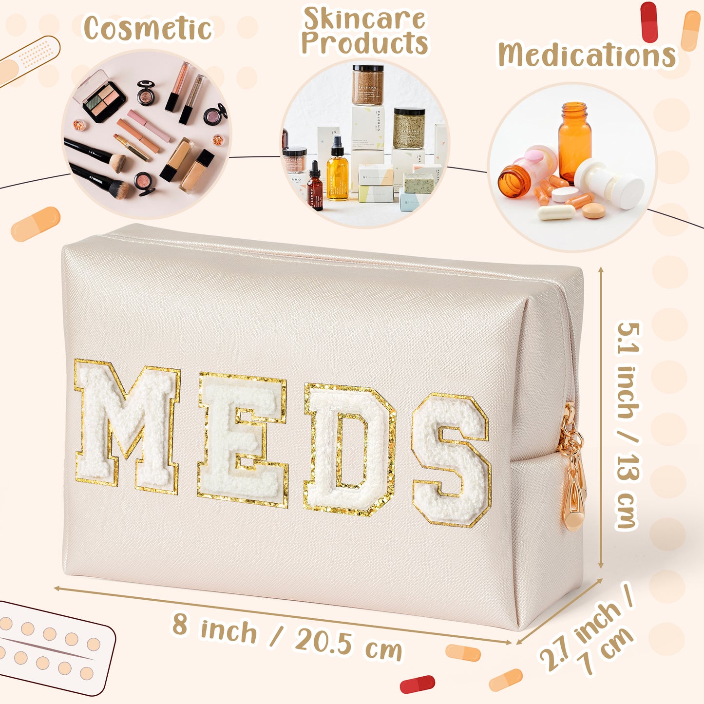 Y1tvei MEDS Letter Patch Bag - Preppy White Meds Chenille Varsity Letter Cosmetic Bag, PU Leather Waterproof Toiletry Bag Small Medicine Pouch for Purse Travel Cosmetic Organizer for Women(Shell Gold)