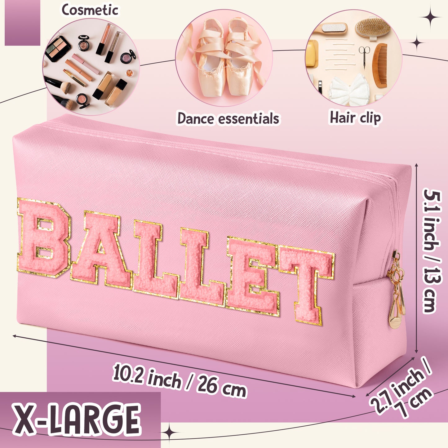 Y1tvei Ballet Cosmetic Bag for Girls - Preppy Patch BALLET Pink Chenille Letter Makeup Bag PU Leather Waterproof Portable Ballerina Makeup Pouch Dance Recital Travel Toiletry for Girl Dancer(Pink)