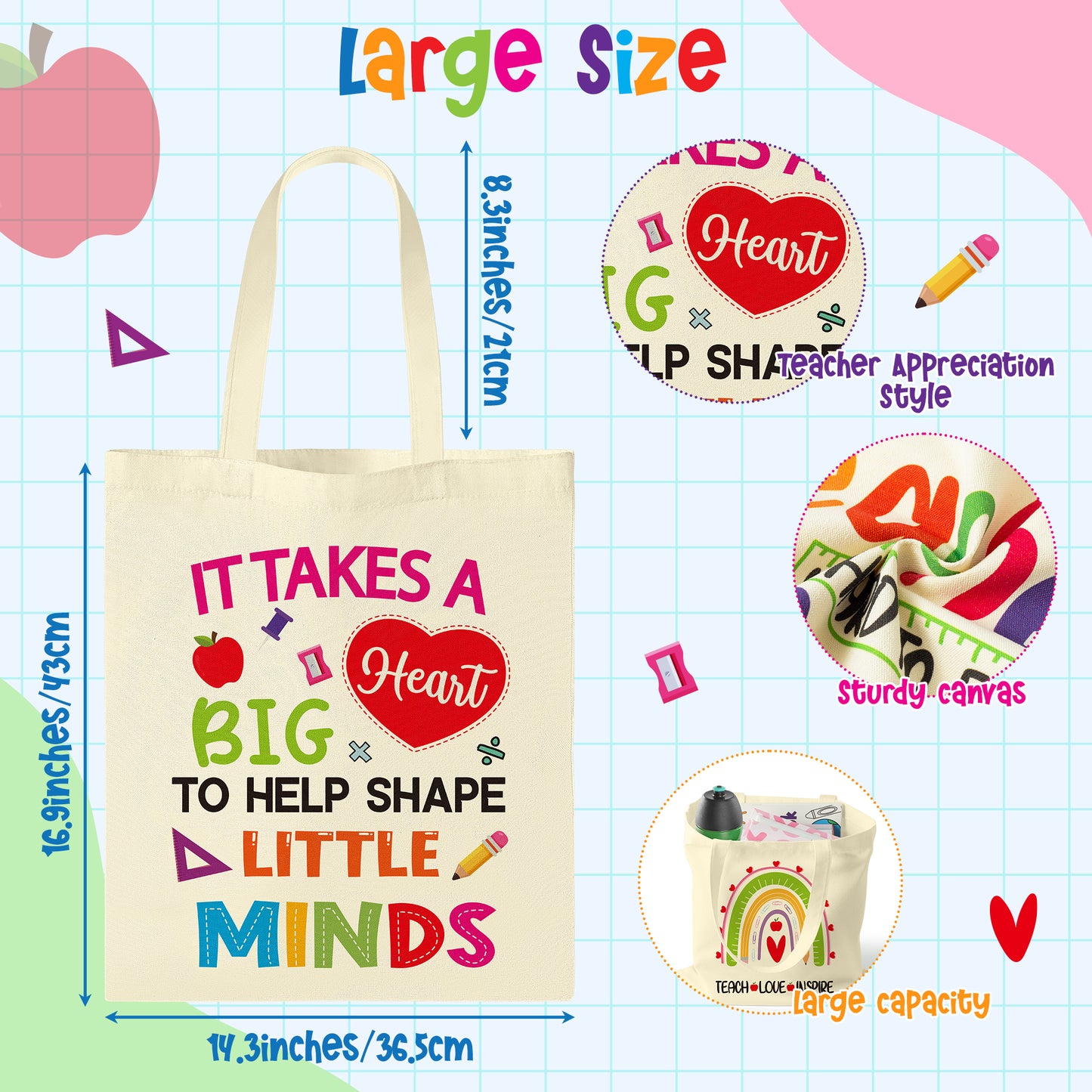 Y1tvei Teacher Canvas Tote Bags - 6Pcs Colorful Rainbow Apple Teacher Large Canvas Tote Bags Bulk Funny Teacher Love Inspire Grocery Bag Thank You Teacher Appreciation Week Gifts for Women Retirement